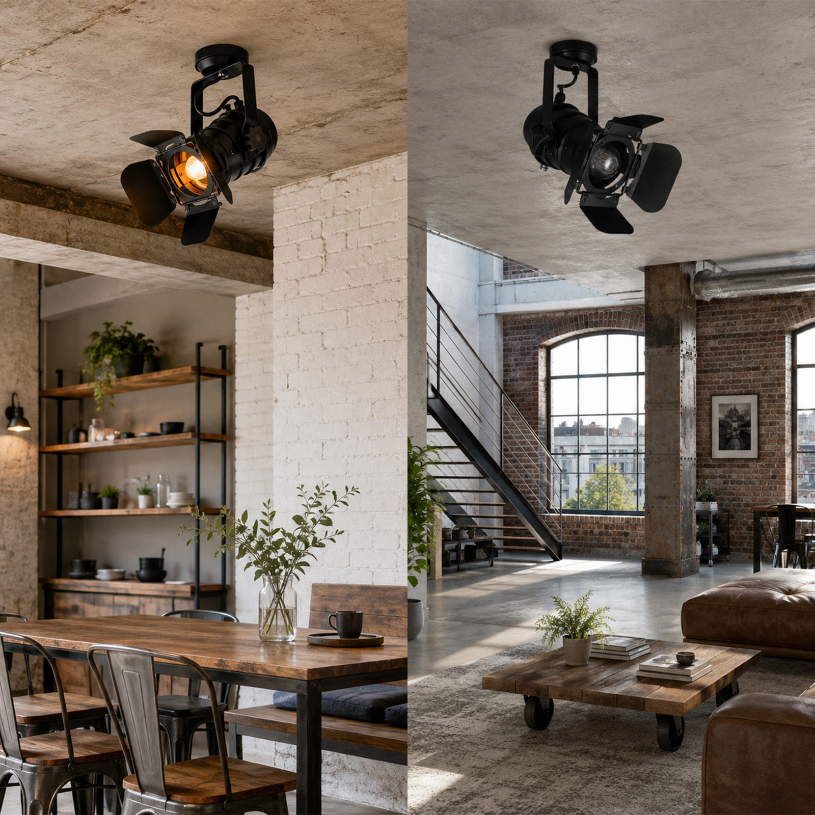 Un foco de techo industrial negro ilumina una habitación moderna con paredes de ladrillo visto y muebles de madera.