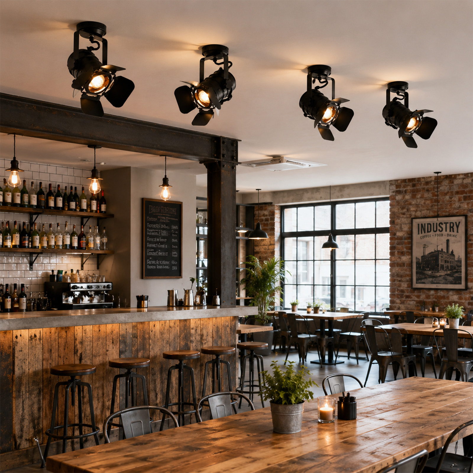 Cafetería de estilo industrial con barra de madera, focos de techo y mesas de madera en primer plano.