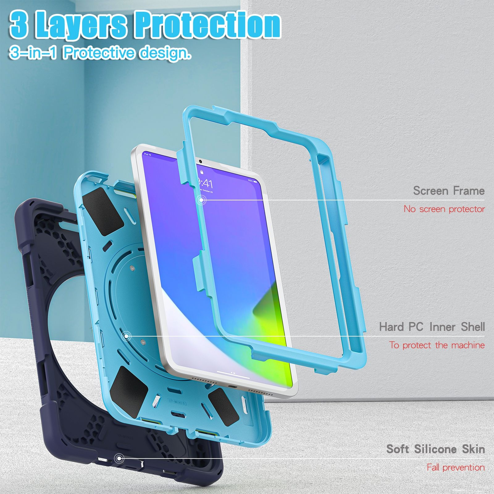 Vista explosionada de una funda para tableta con tres capas: marco de pantalla, carcasa interior de PC y funda de silicona.