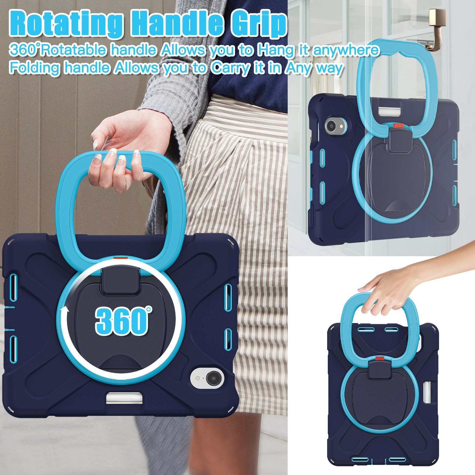Funda para tablet azul con asa giratoria de 360 grados para transportar y colgar.