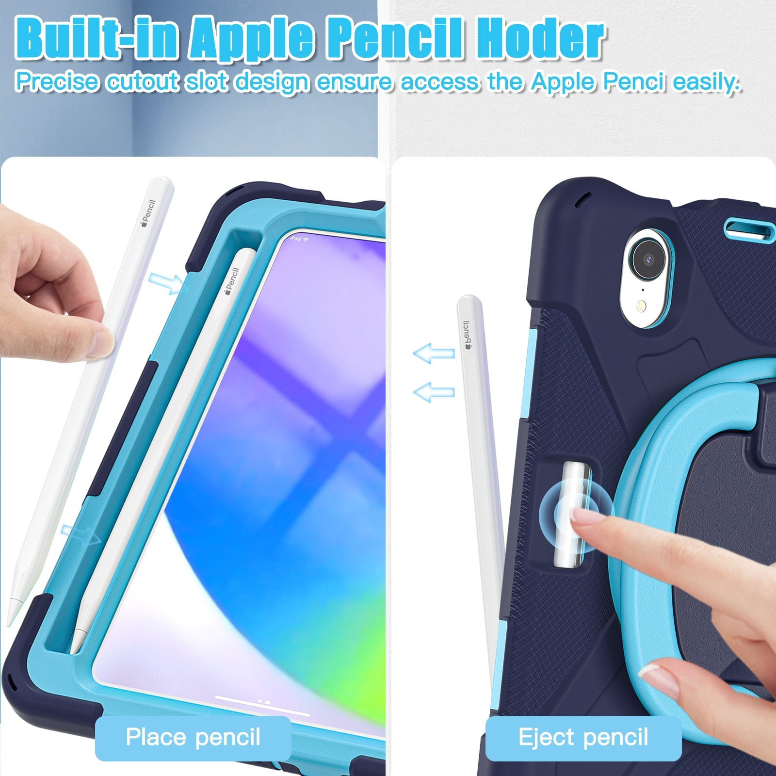 Dos imágenes muestran cómo colocar y extraer un Apple Pencil de una funda para tablet.