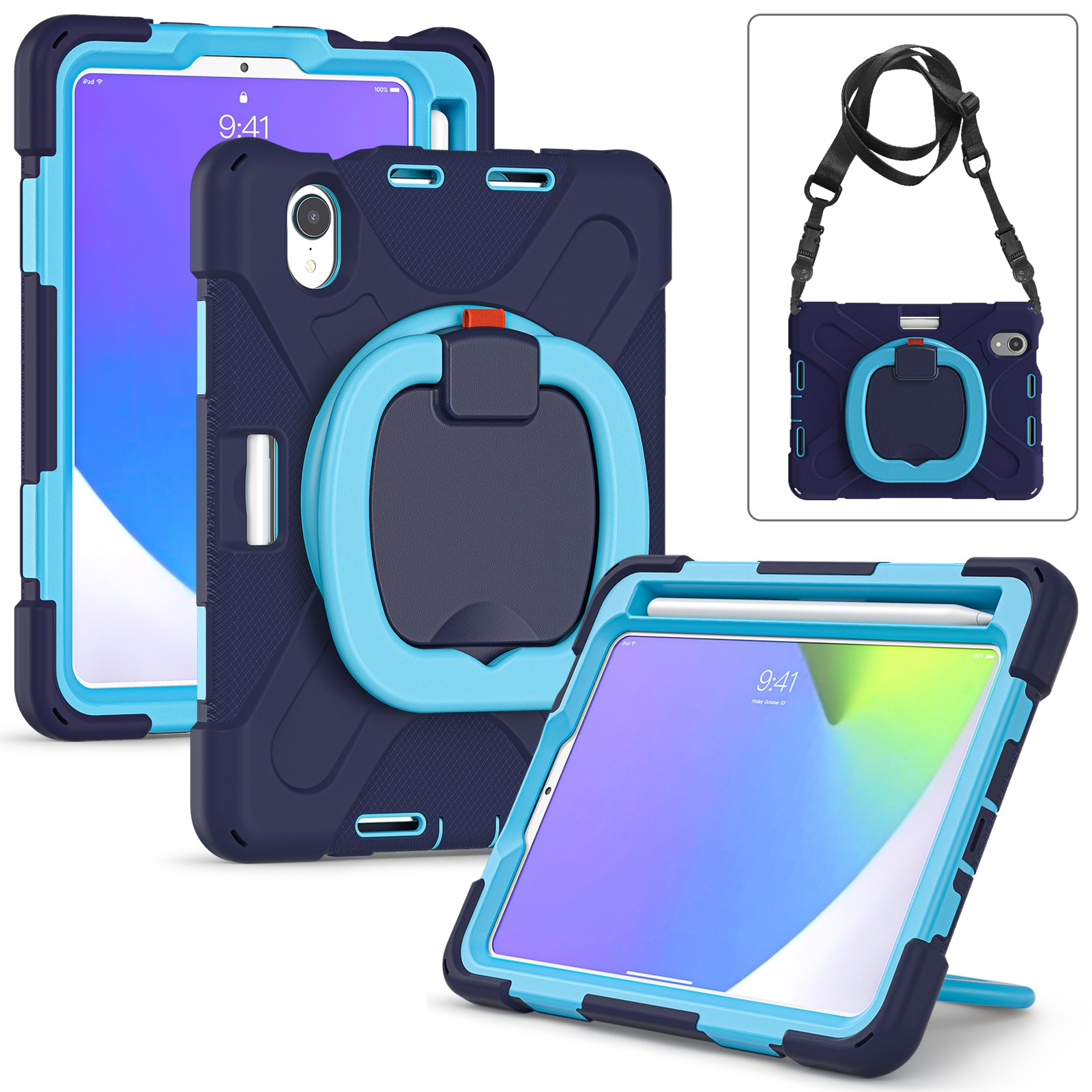 Tableta en funda protectora azul y azul oscuro con soporte y correa.