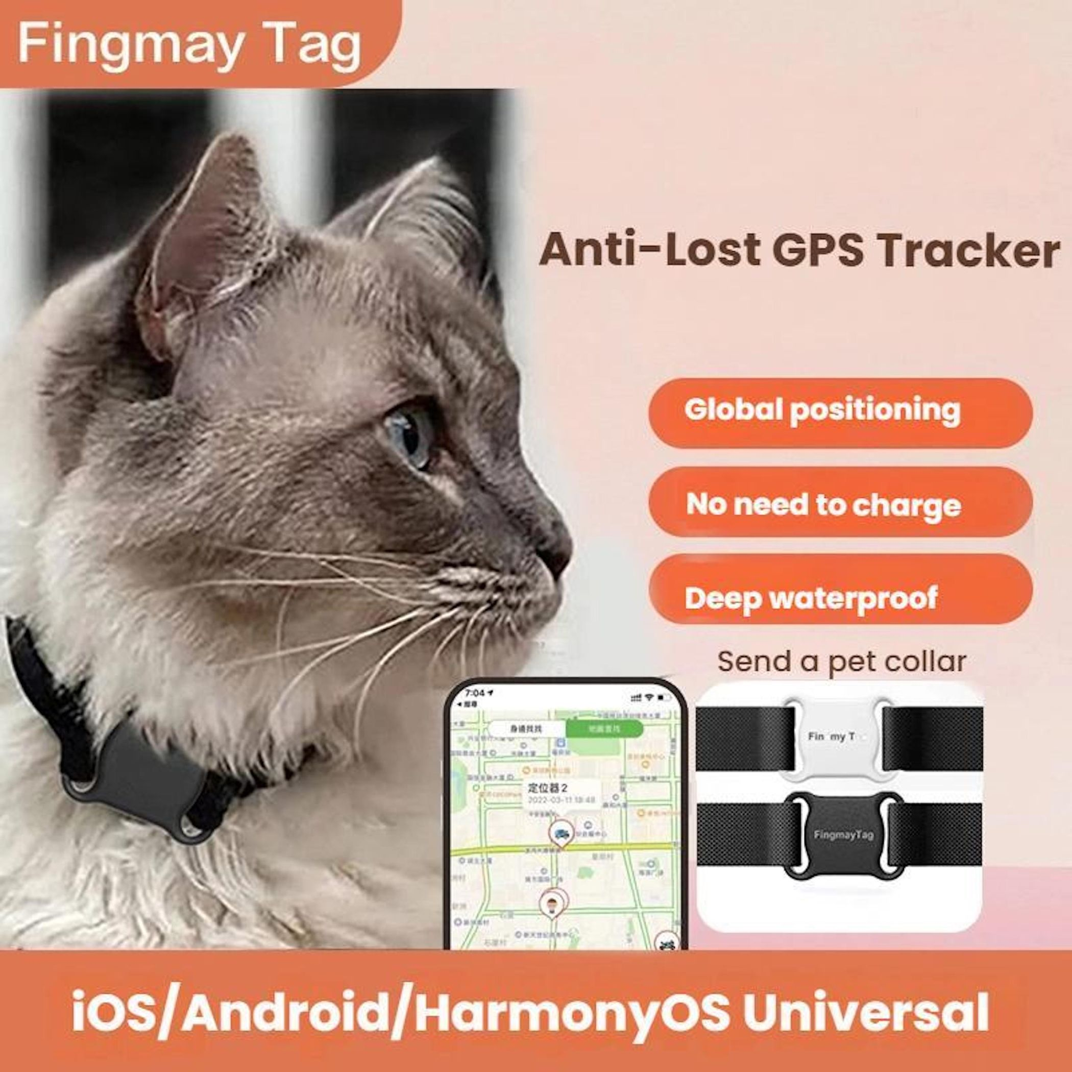 Werbebild für einen Anti-Verlust-GPS-Tracker für Haustiere mit einer Katze und Produktmerkmalen.