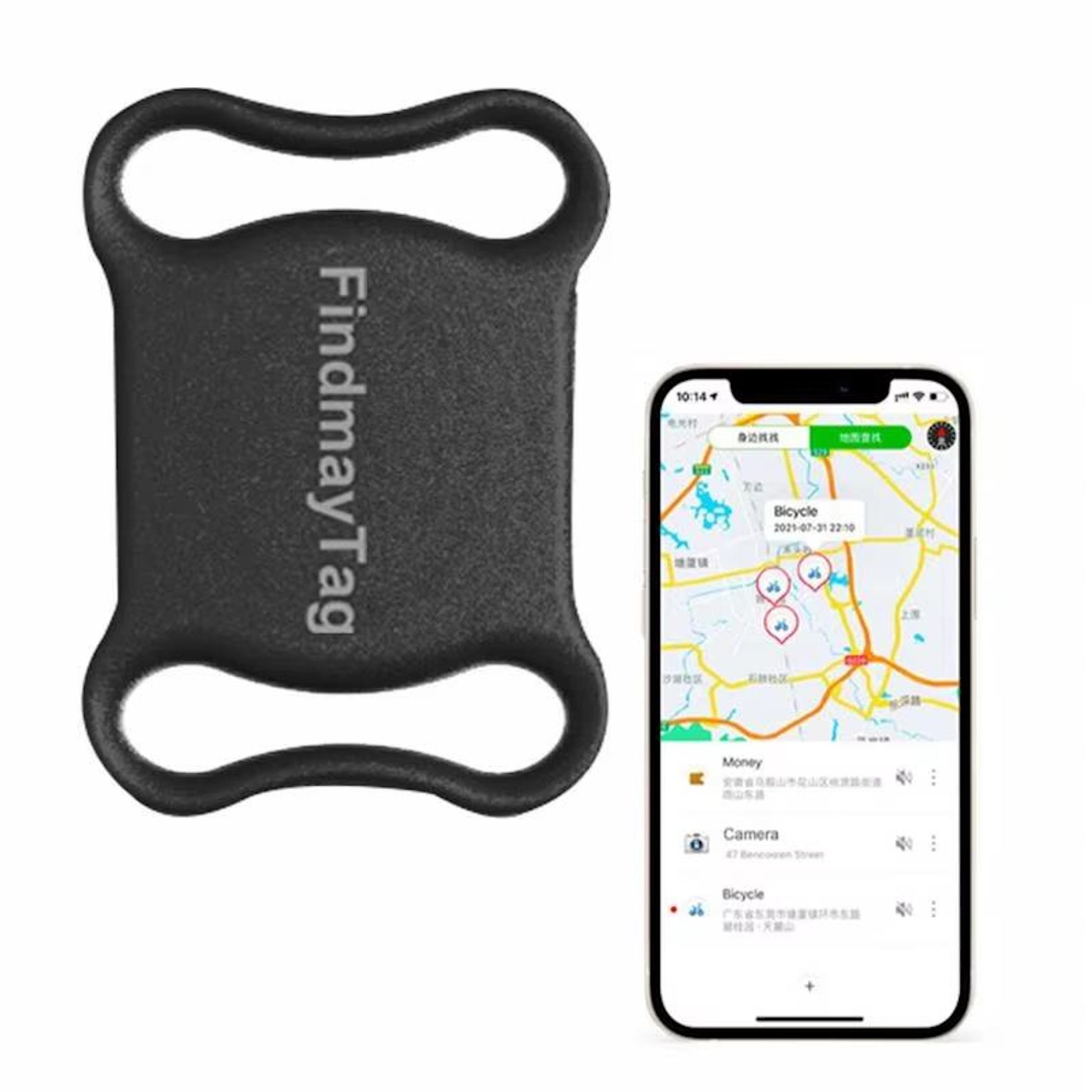Eine schwarze FindmayTag Silikonhülle neben einem Smartphone mit einer Karten-App.