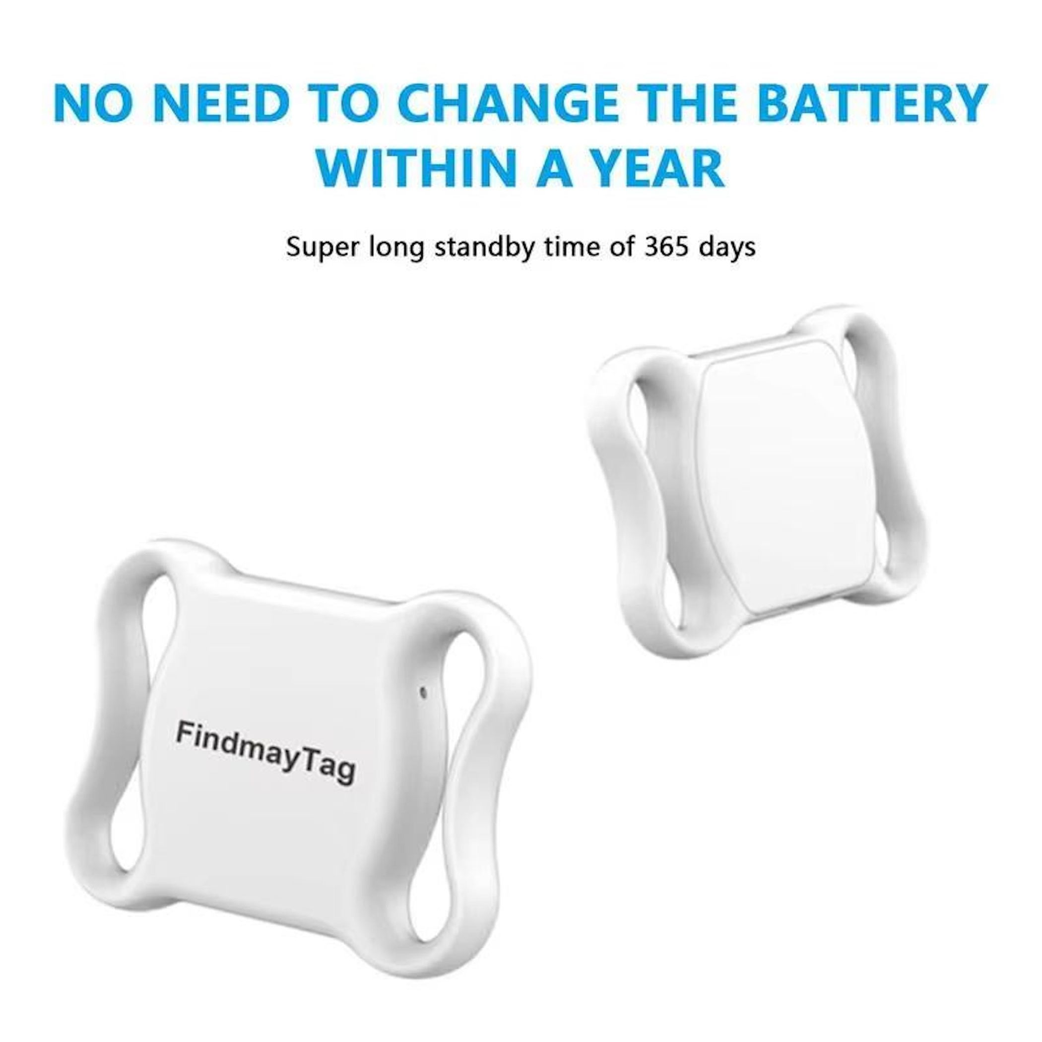 Zwei weiße FindmayTag-Tracker auf weißem Grund mit Text zur langen Batterielebensdauer.