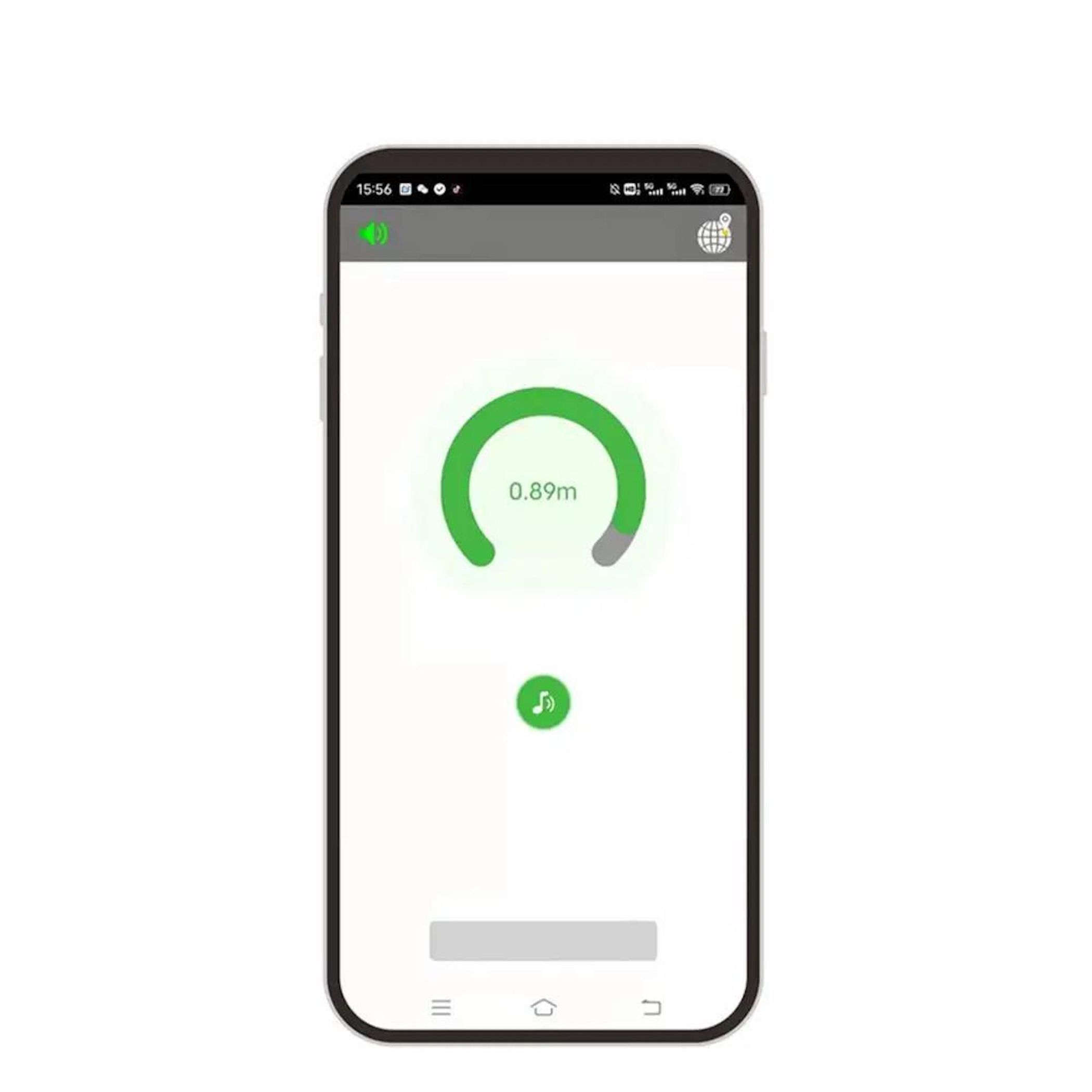 Smartphone mit einer App, die einen grünen Fortschrittsring mit 0.89m und ein Notensymbol zeigt.