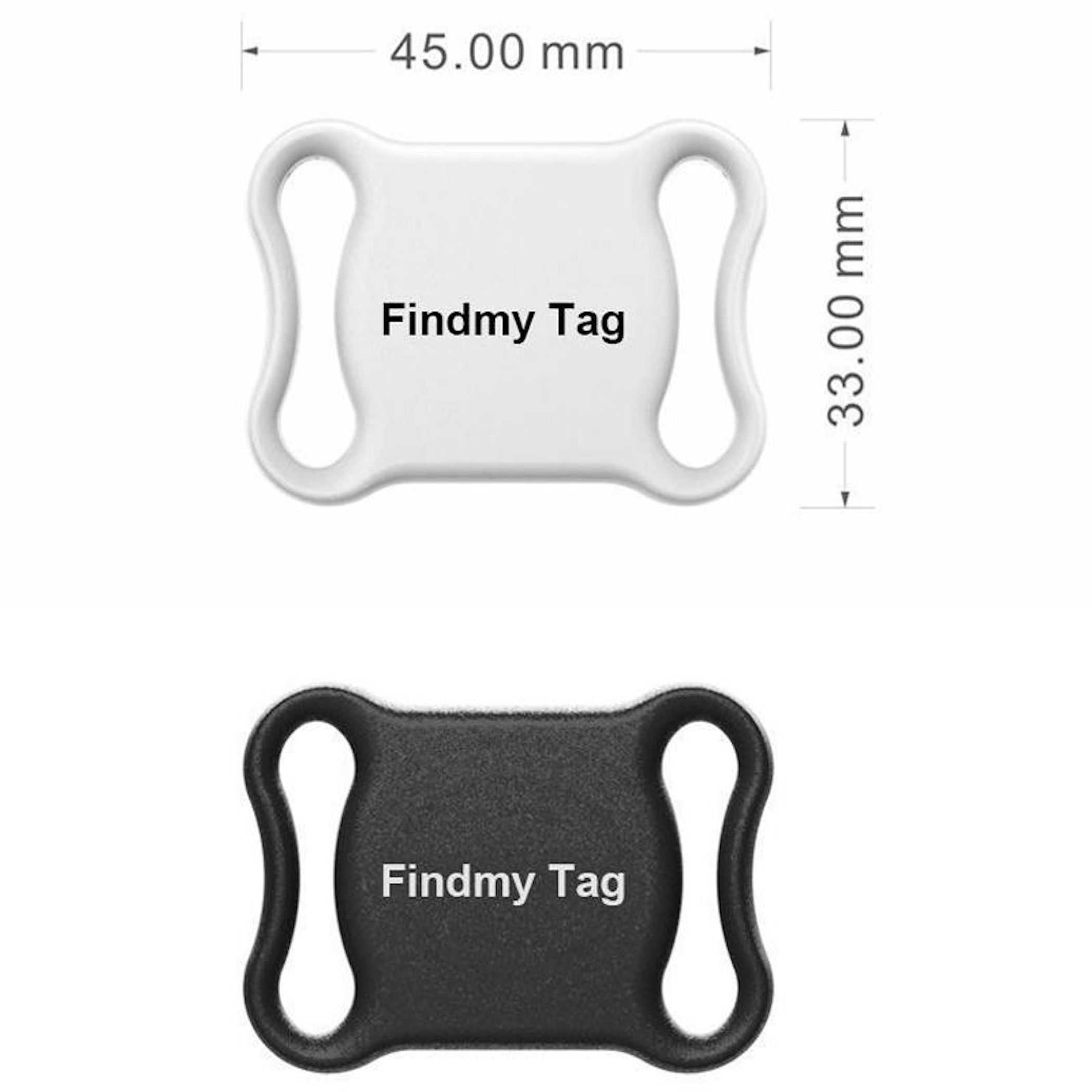 Diagramm zeigt weiße und schwarze Findmy-Tags mit Abmessungen von 45x33 mm.