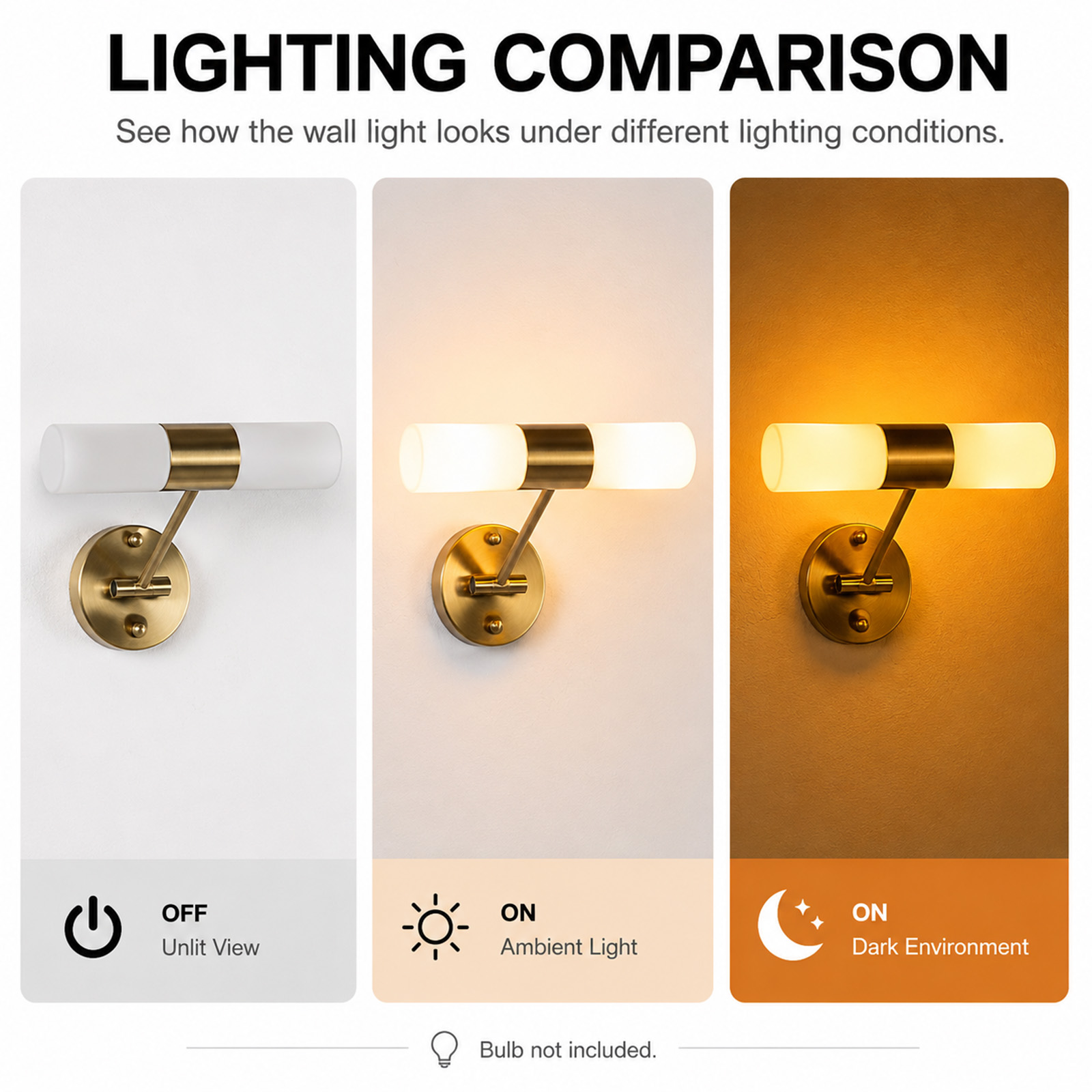 Comparación de iluminación de un aplique dorado: apagado, con luz ambiental y en entorno oscuro.