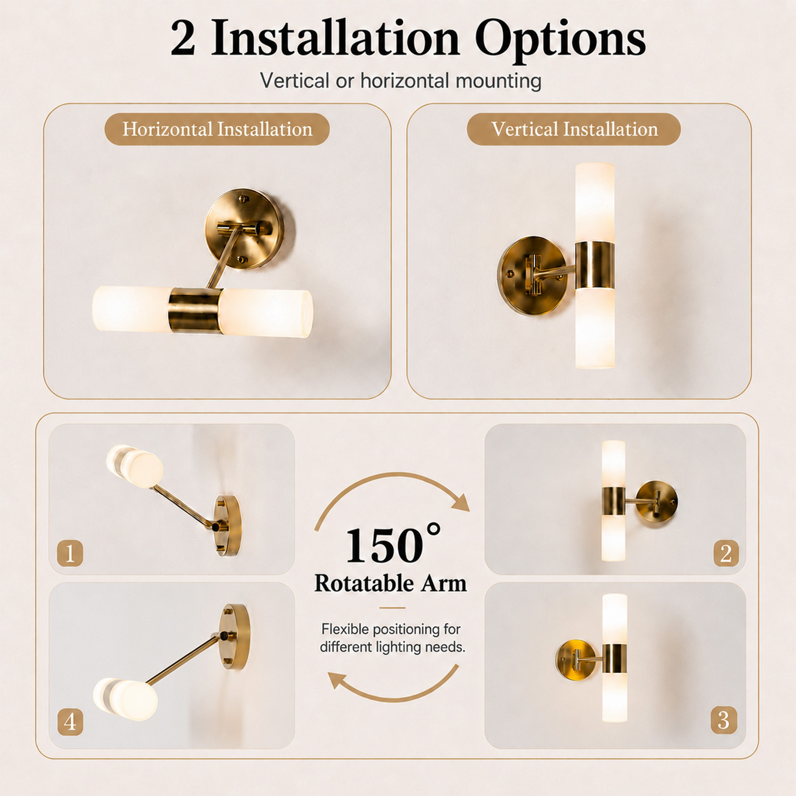 Diagrama que muestra un aplique de pared con dos opciones de instalación, horizontal y vertical, y un brazo giratorio de 150 grados.