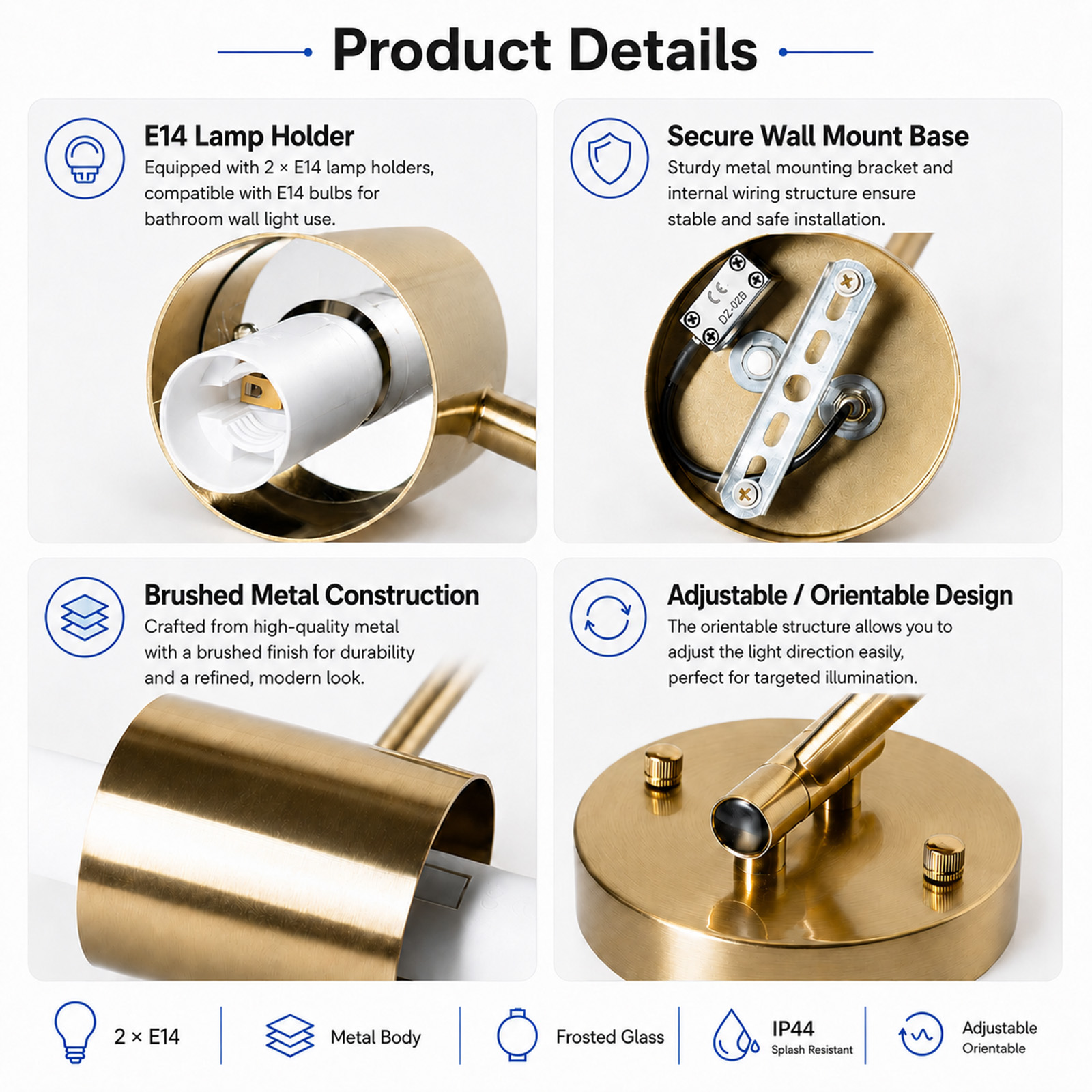 Infografía de detalles del producto con aplique de pared dorado, casquillo E14, base metálica y brazo ajustable.