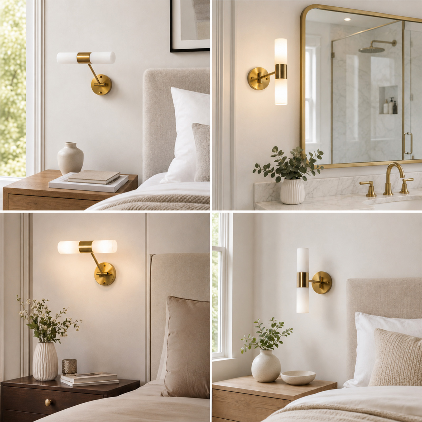Apliques de pared dorados con pantallas de vidrio blanco en varias habitaciones.