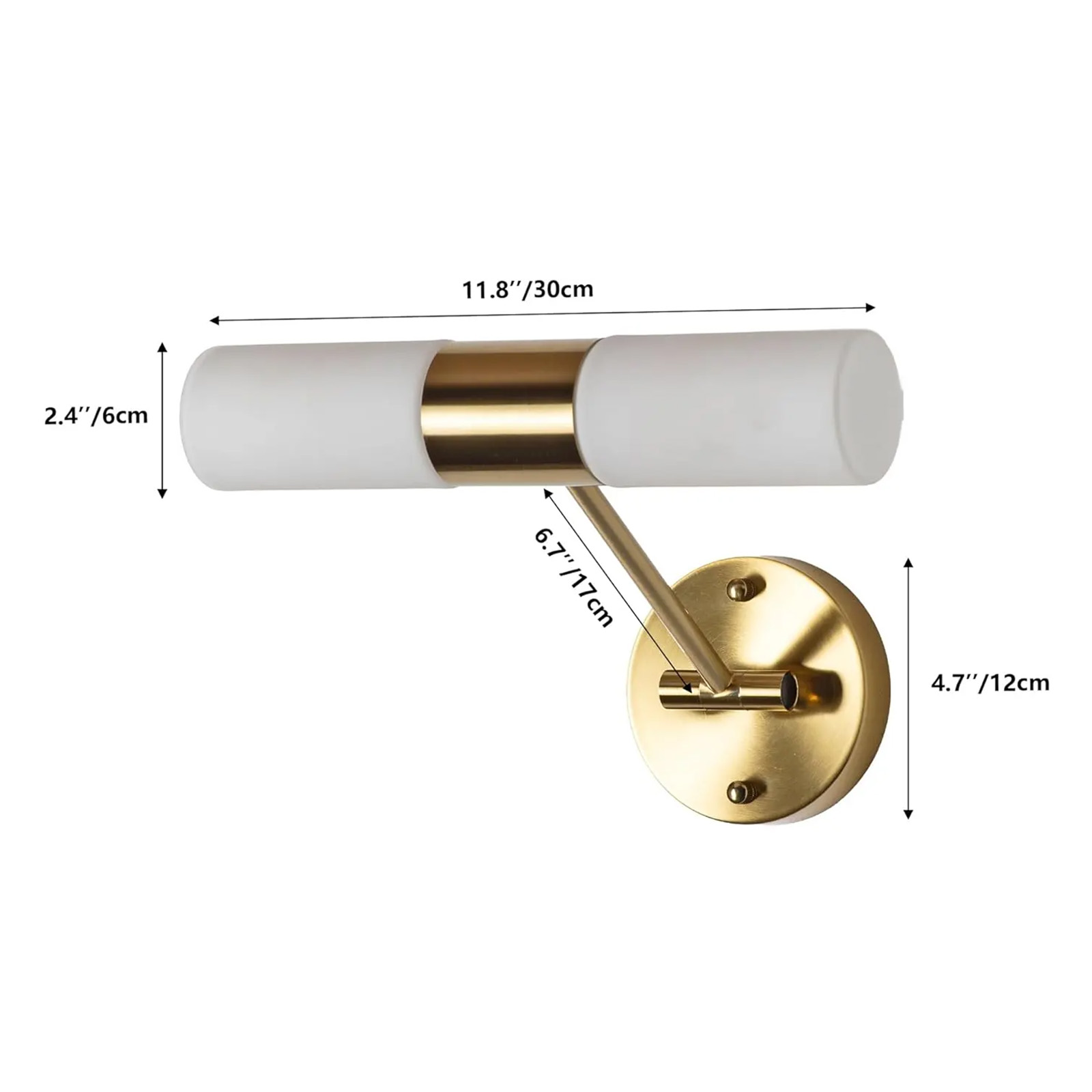 Una lámpara de pared dorada y blanca con etiquetas de dimensiones que indican longitud, altura y alcance.