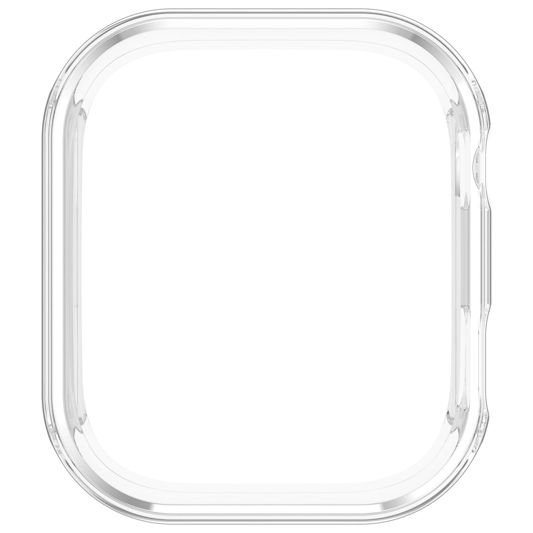 Eine transparente Schutzhülle für eine quadratische Smartwatch, von vorne auf weißem Hintergrund.