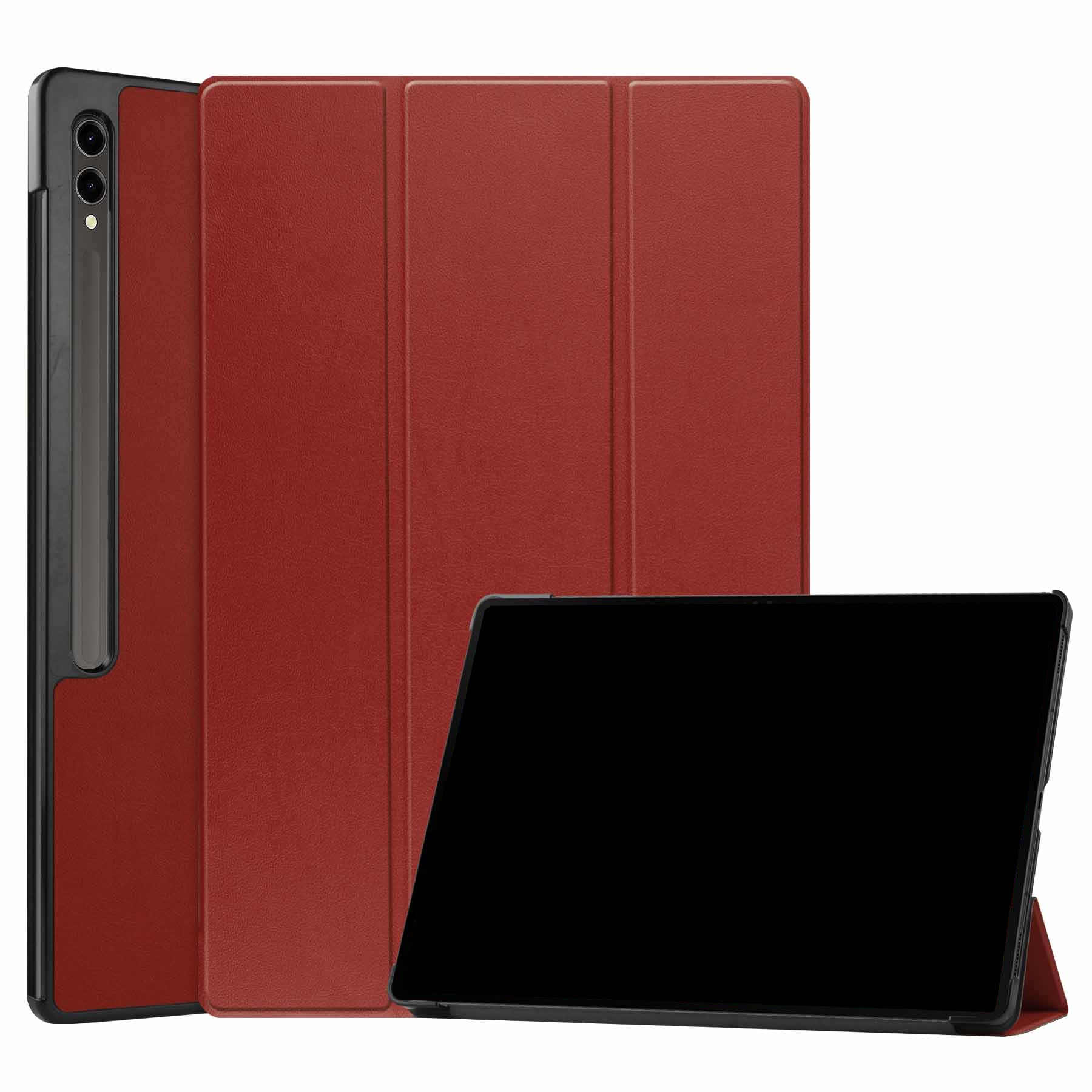 Ein rotes Falttablett-Etui aus Leder mit integriertem Stiftehalter und einem aufrechten Tablet im Vordergrund.