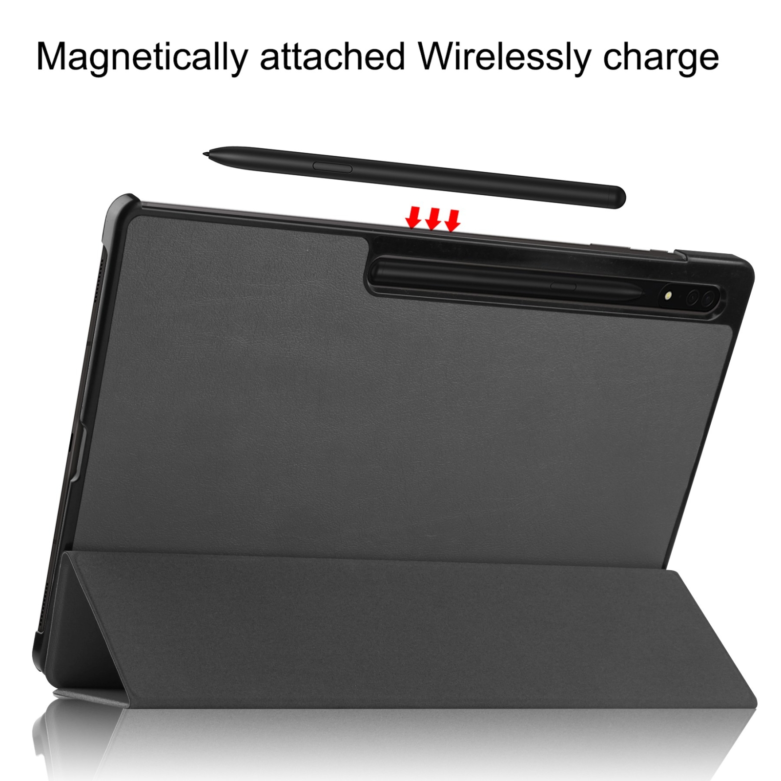 Ein schwarzes Tablet in Hülle, eine Stift wird magnetisch befestigt und kabellos geladen.