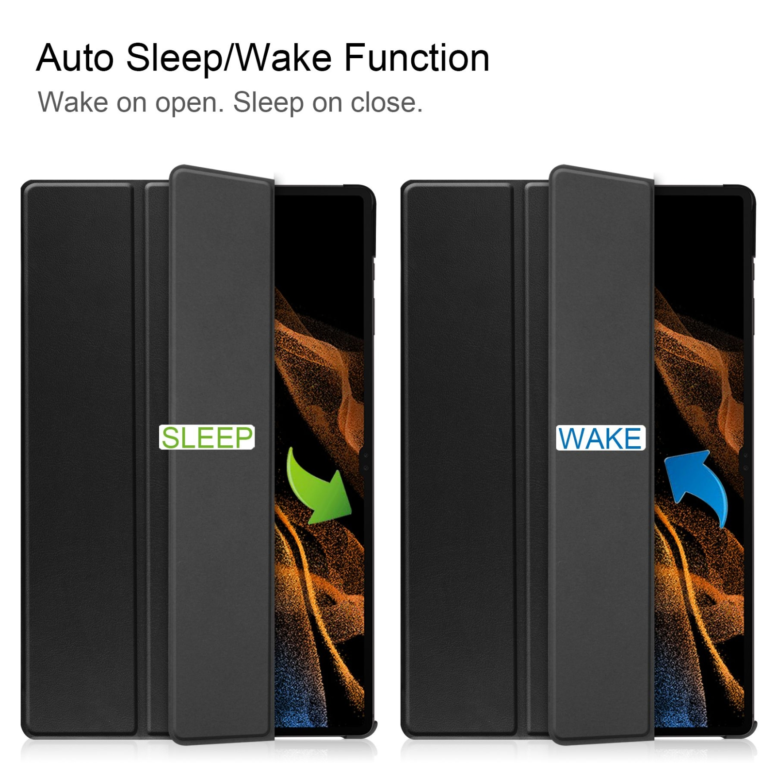 Diagramm zeigt die Auto-Sleep/Wake-Funktion eines Tablet-Covers mit grünen und blauen Pfeilen.