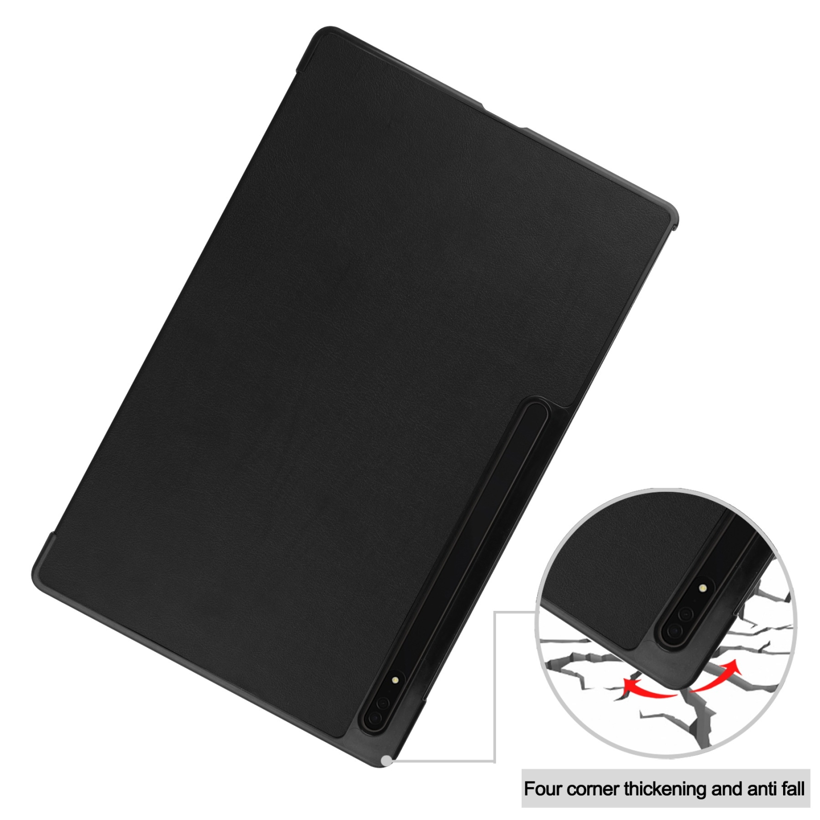 Eine schwarze Tablet-Hülle mit verstärkten Ecken und Sturzschutz, mit einer Detailansicht der Ecke.