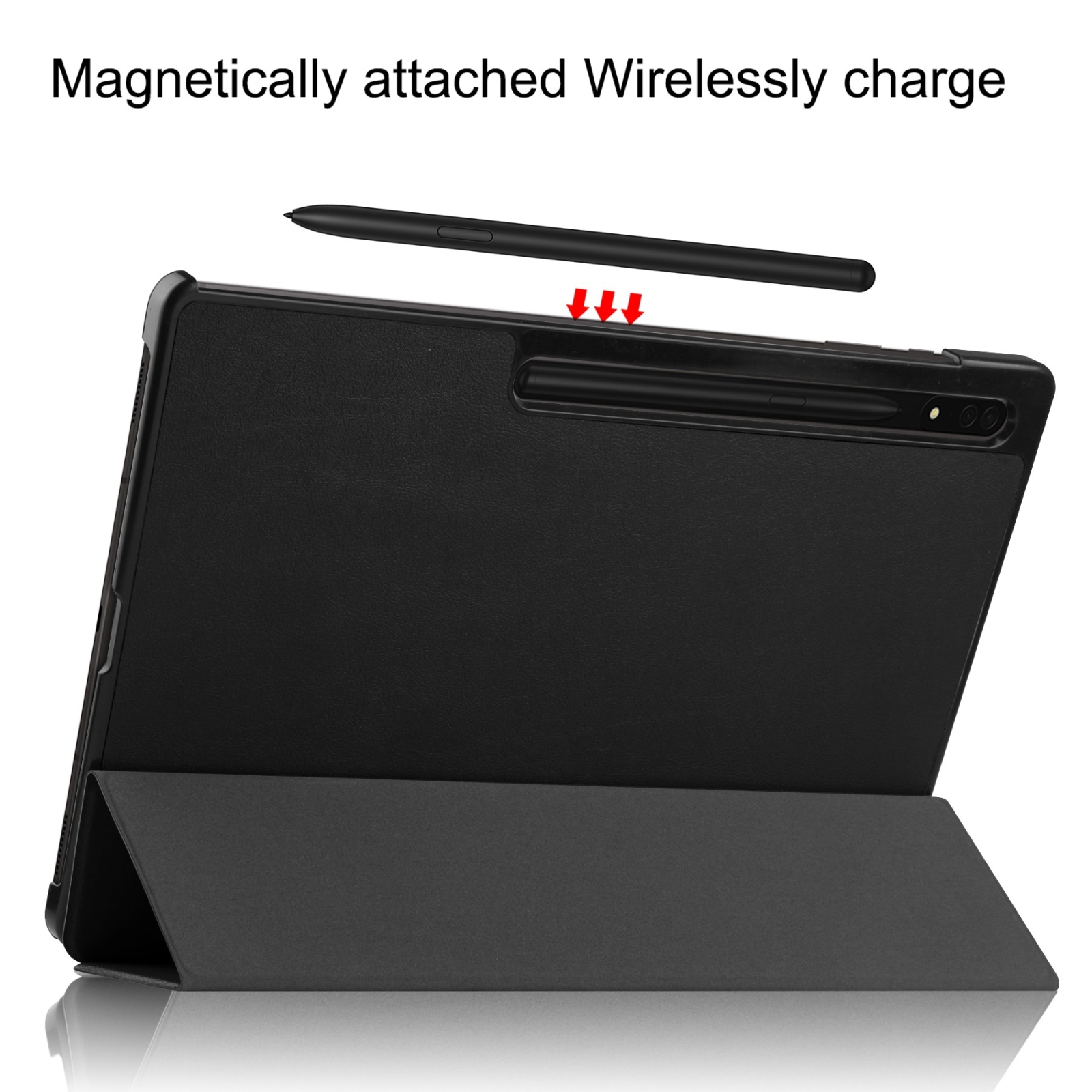 Ein schwarzes Tablet in einer Ständerhülle mit einem magnetisch befestigten Stift oben.
