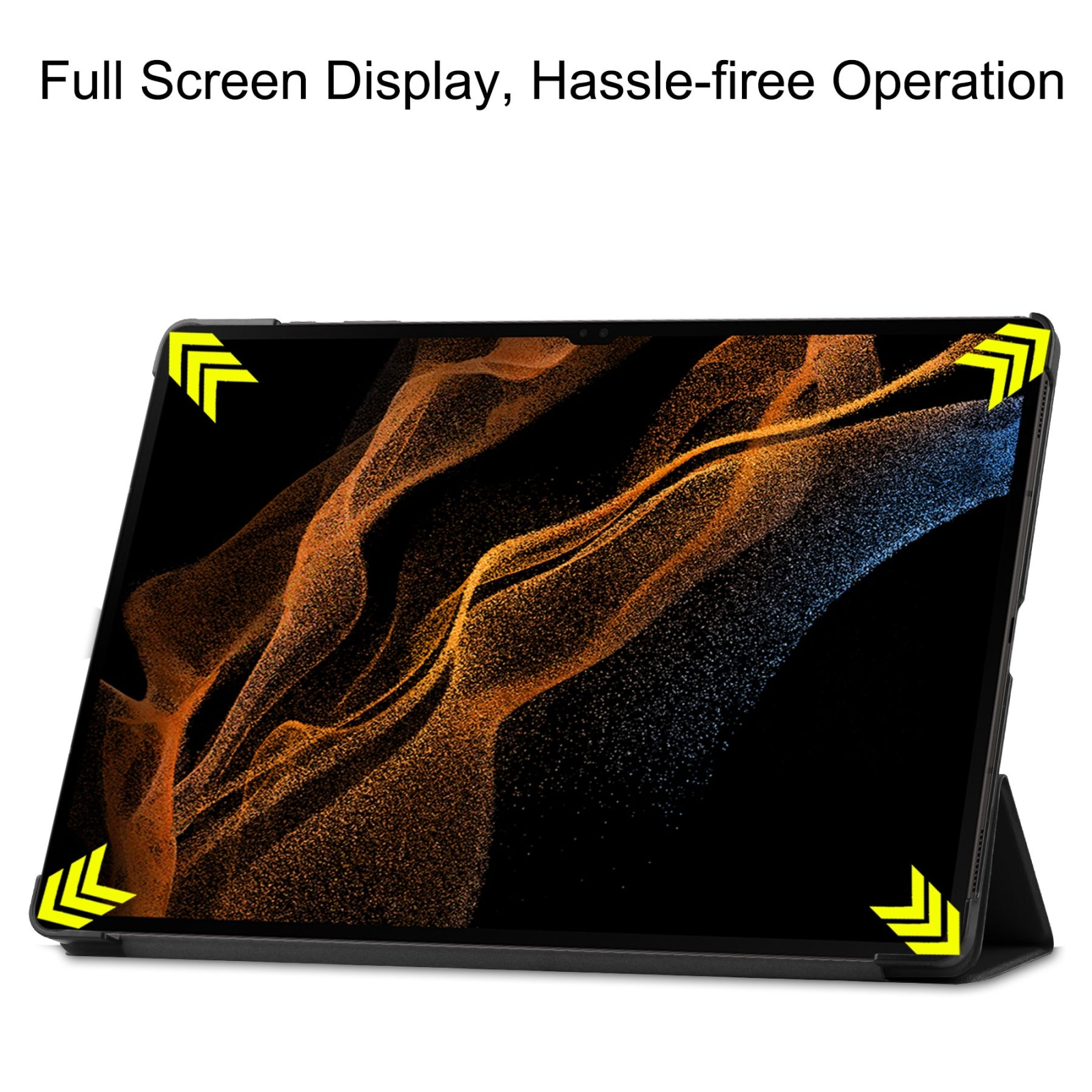 Ein Tablet mit orangem abstrakten Hintergrund und gelben Eckpfeilen, betitelt Vollbildanzeige, problemlose Bedienung.