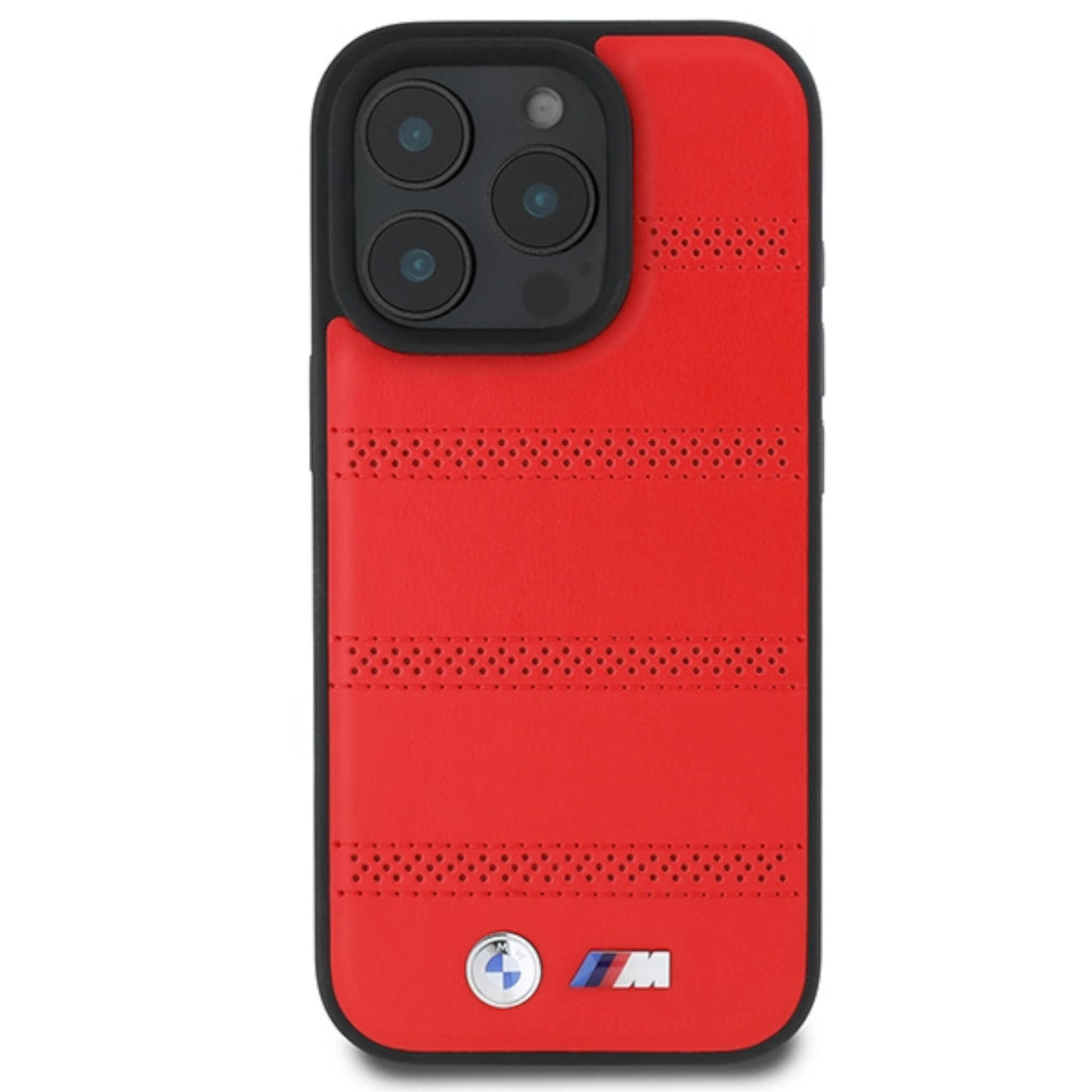 Rote iPhone-Hülle mit perforiertem Muster, BMW-Logo und M-Emblem auf der Rückseite.