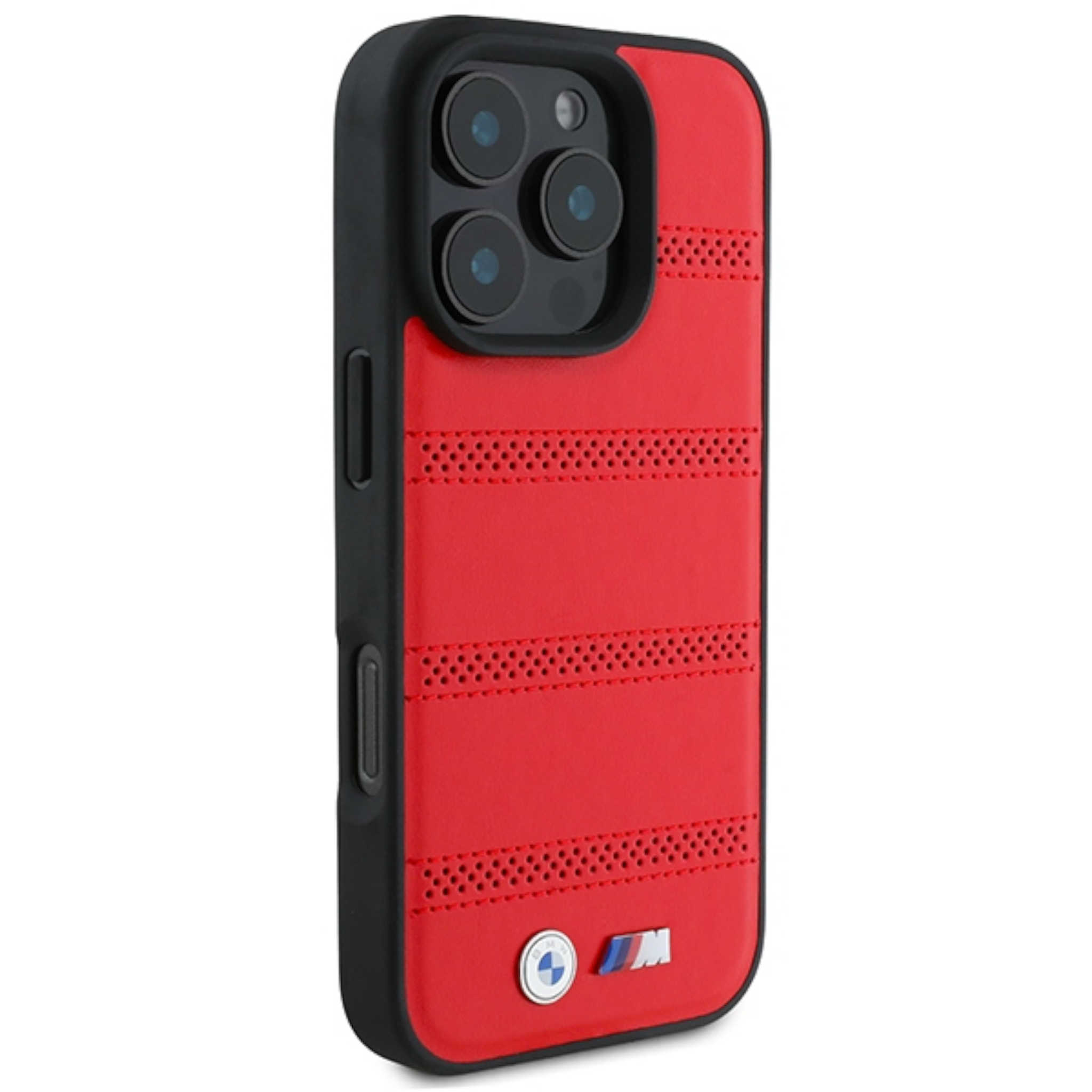 Eine rote Leder-Handyhülle mit schwarzen Rändern, horizontalen Lochlinien und BMW M-Logo.