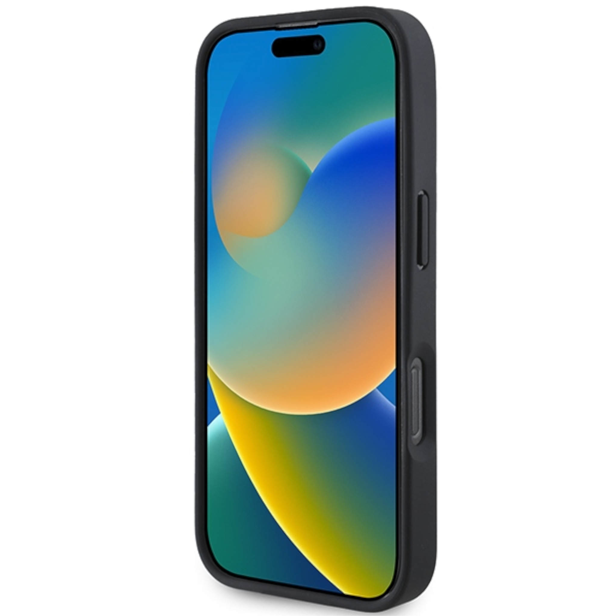 Schwarzes Smartphone mit buntem Display und Tasten an der Seite.