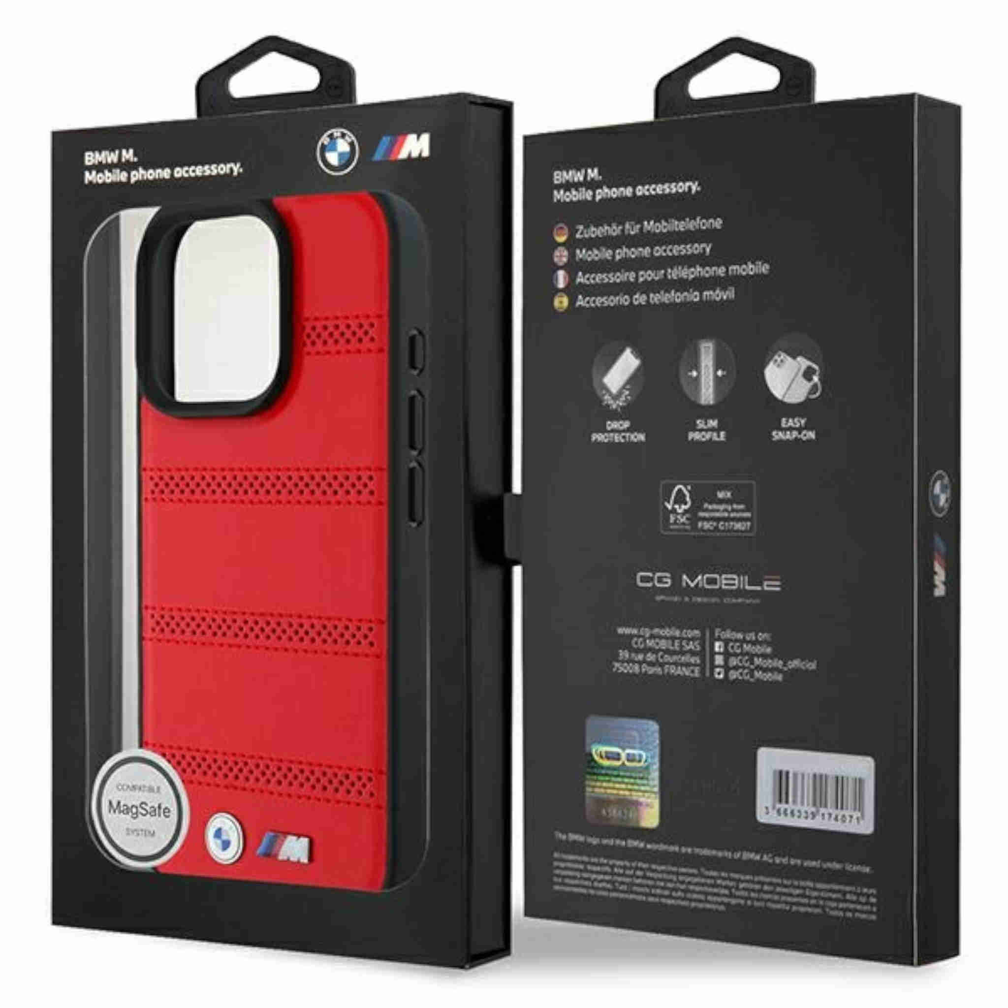 Rote und schwarze BMW M Handyhülle in schwarzer Verpackung.