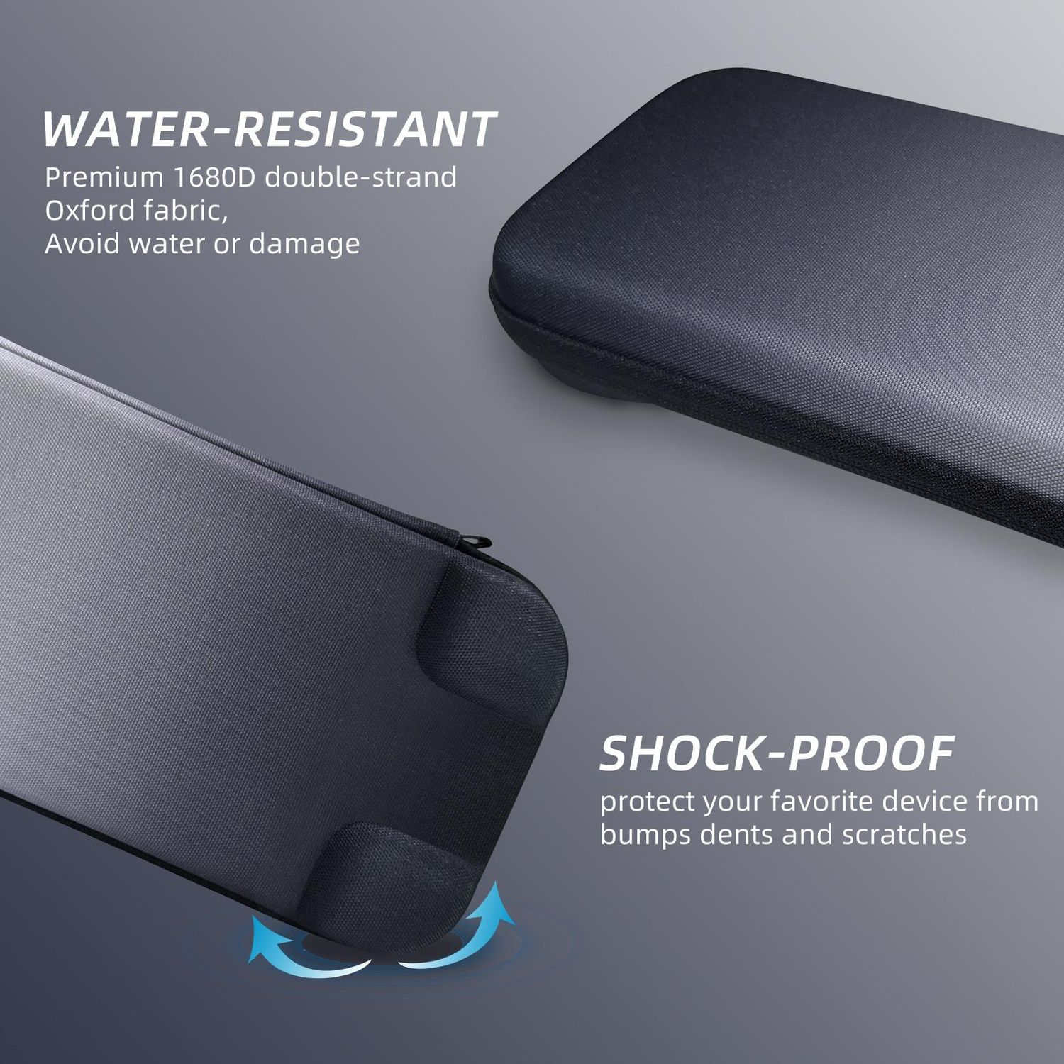 Una funda protectora de tela negra, resistente al agua y a los golpes, con esquinas redondeadas sobre fondo gris.