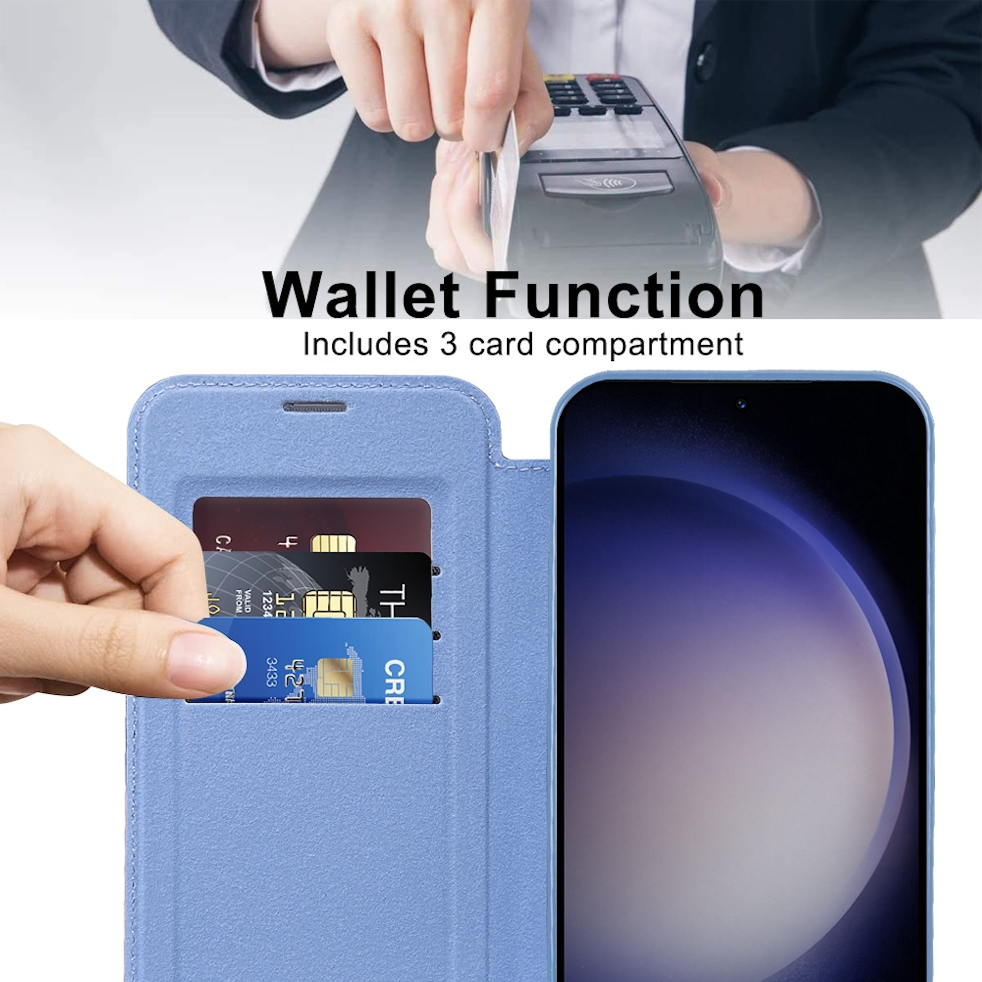 Blaue Handyhülle mit drei Kartenfächern und Text Wallet Function.