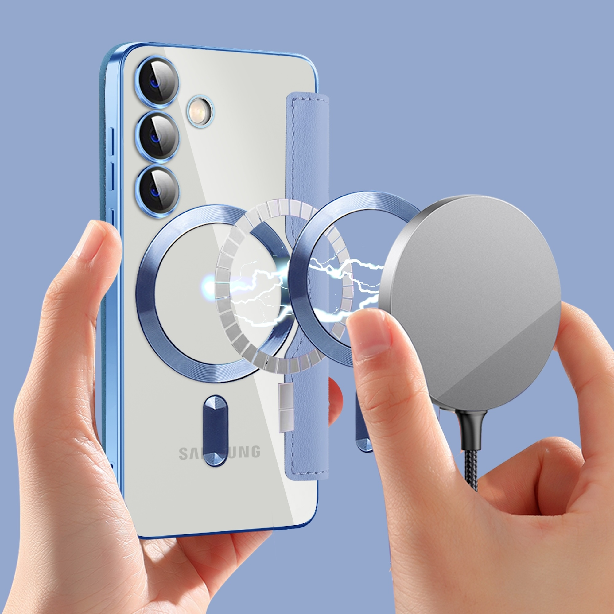 Hände halten ein Smartphone mit Schutzhülle und eine magnetische Ladeplatte wird mit elektrischen Effekten befestigt.