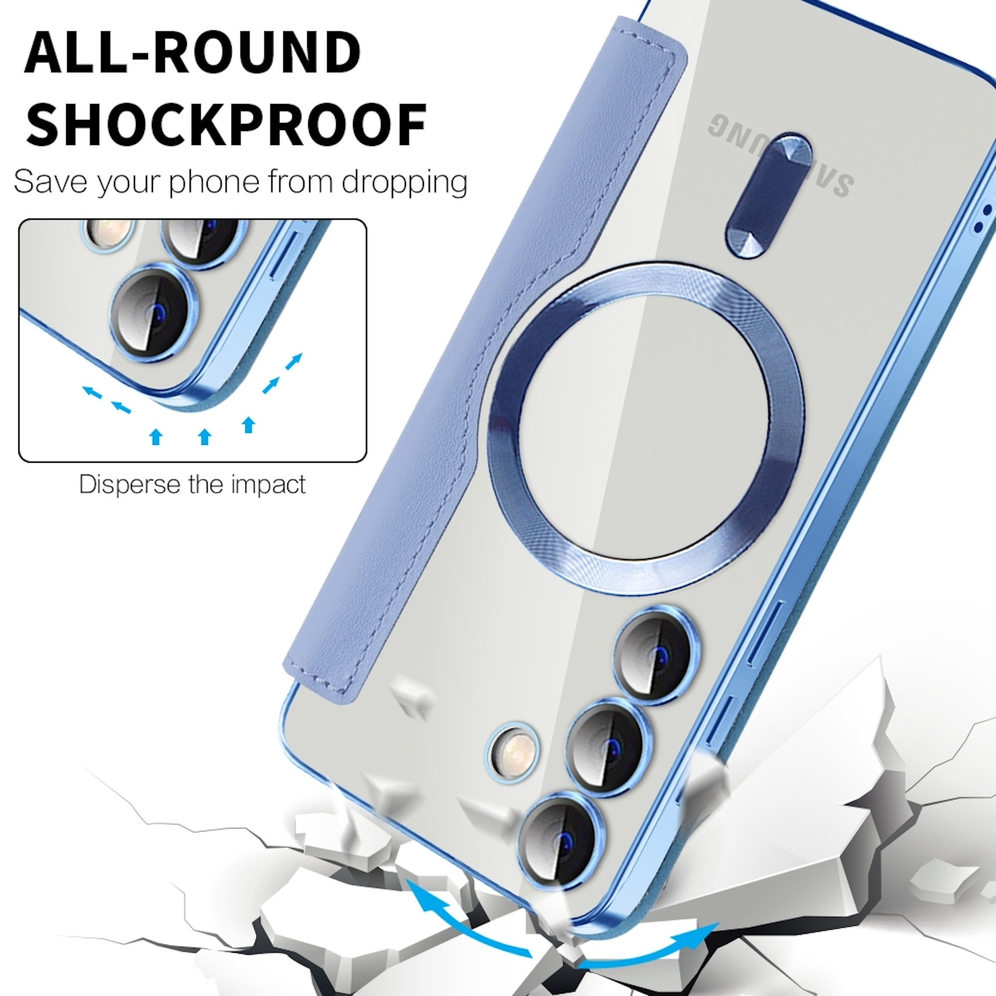 Blaue Handyhülle mit Stoßschutz und Magnetring, dargestellt über zerbrochenem Boden.