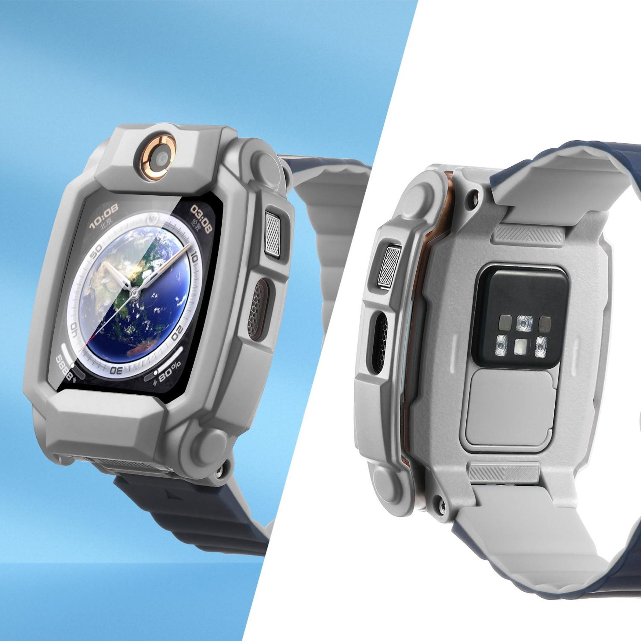Robuste graue Smartwatch-Hülle mit blauem Armband, Erdzifferblatt vorn und Sensoren auf der Rückseite.