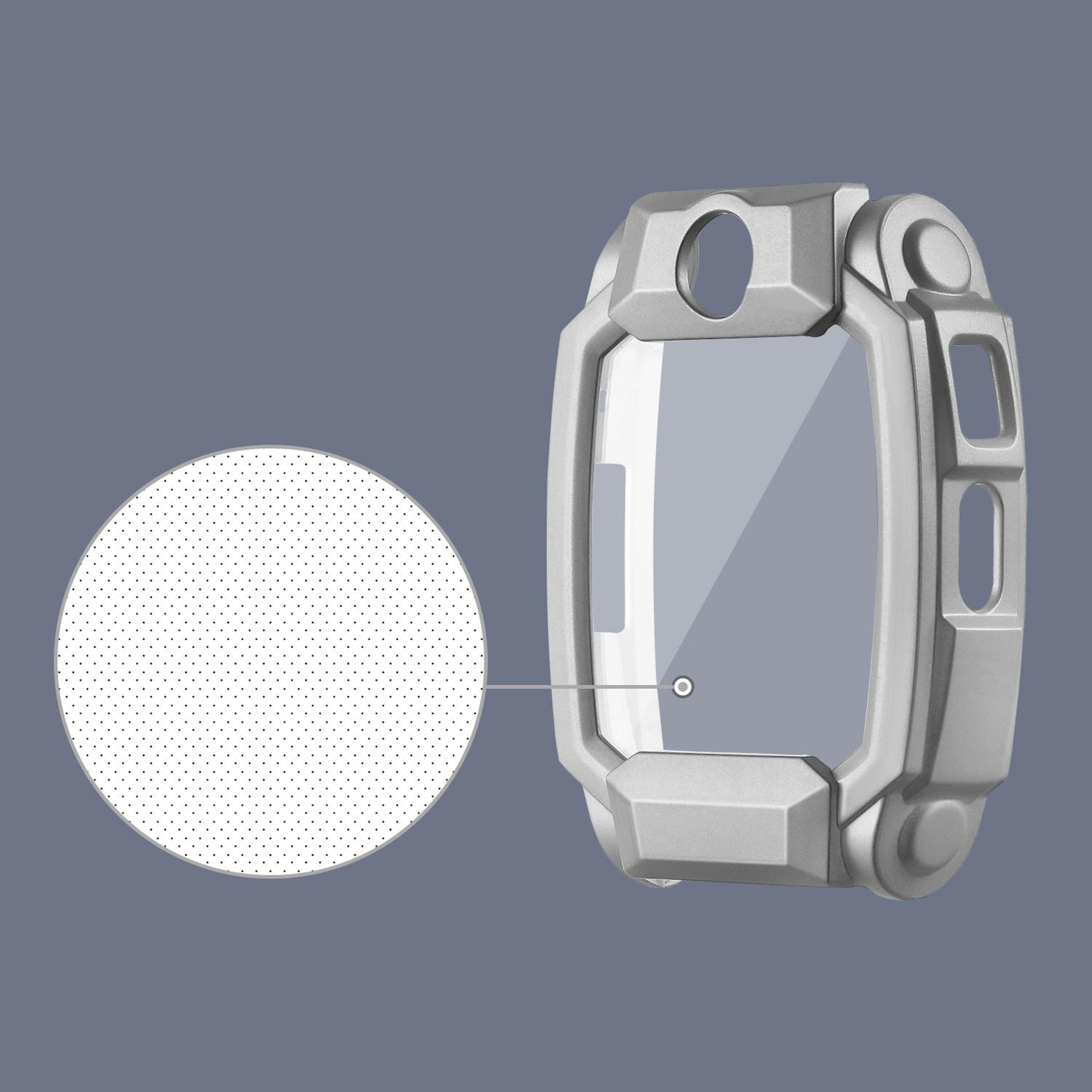 Graues Smartwatch-Gehäuse mit Schutzglas, ein Ausschnitt zeigt die gepunktete Textur.