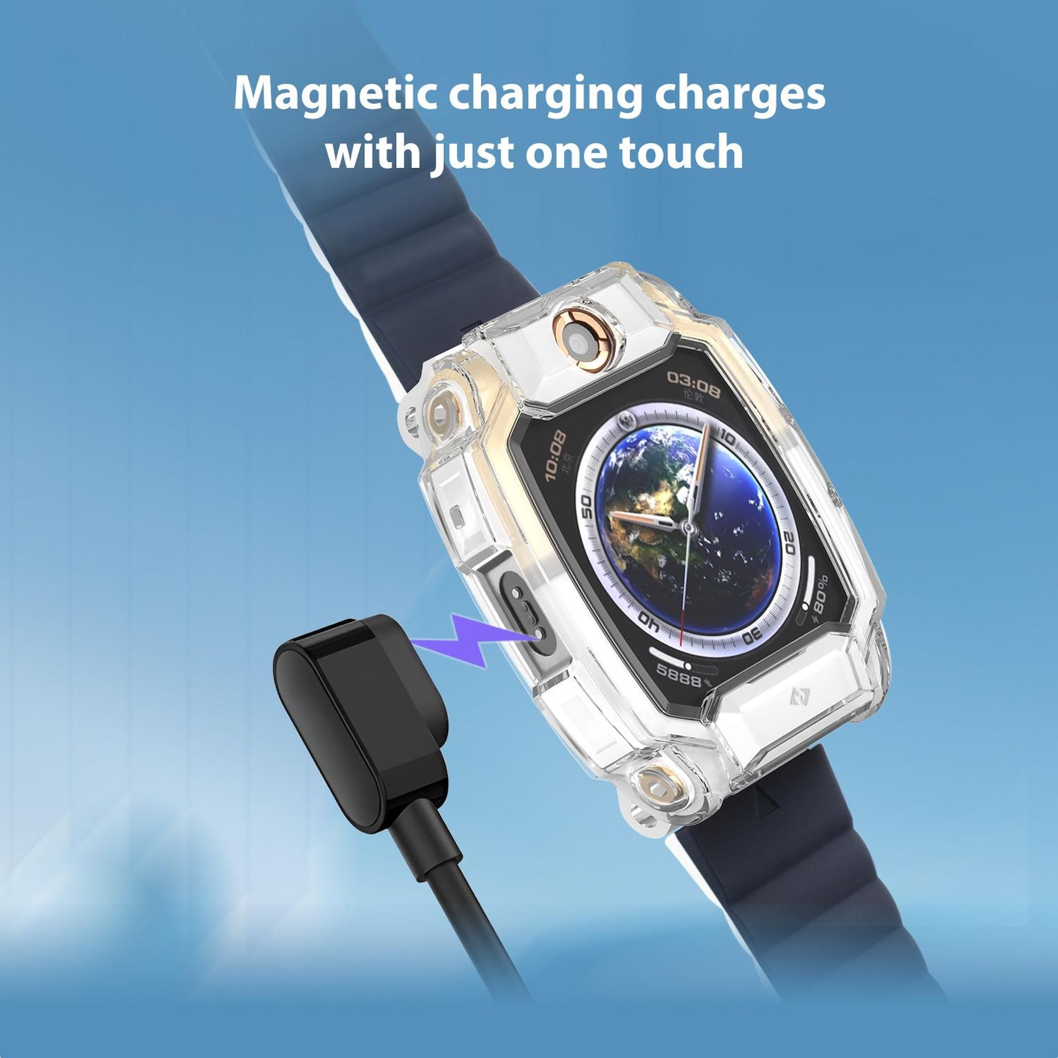 Uno smartwatch con custodia protettiva e cavo di ricarica magnetico su sfondo blu.