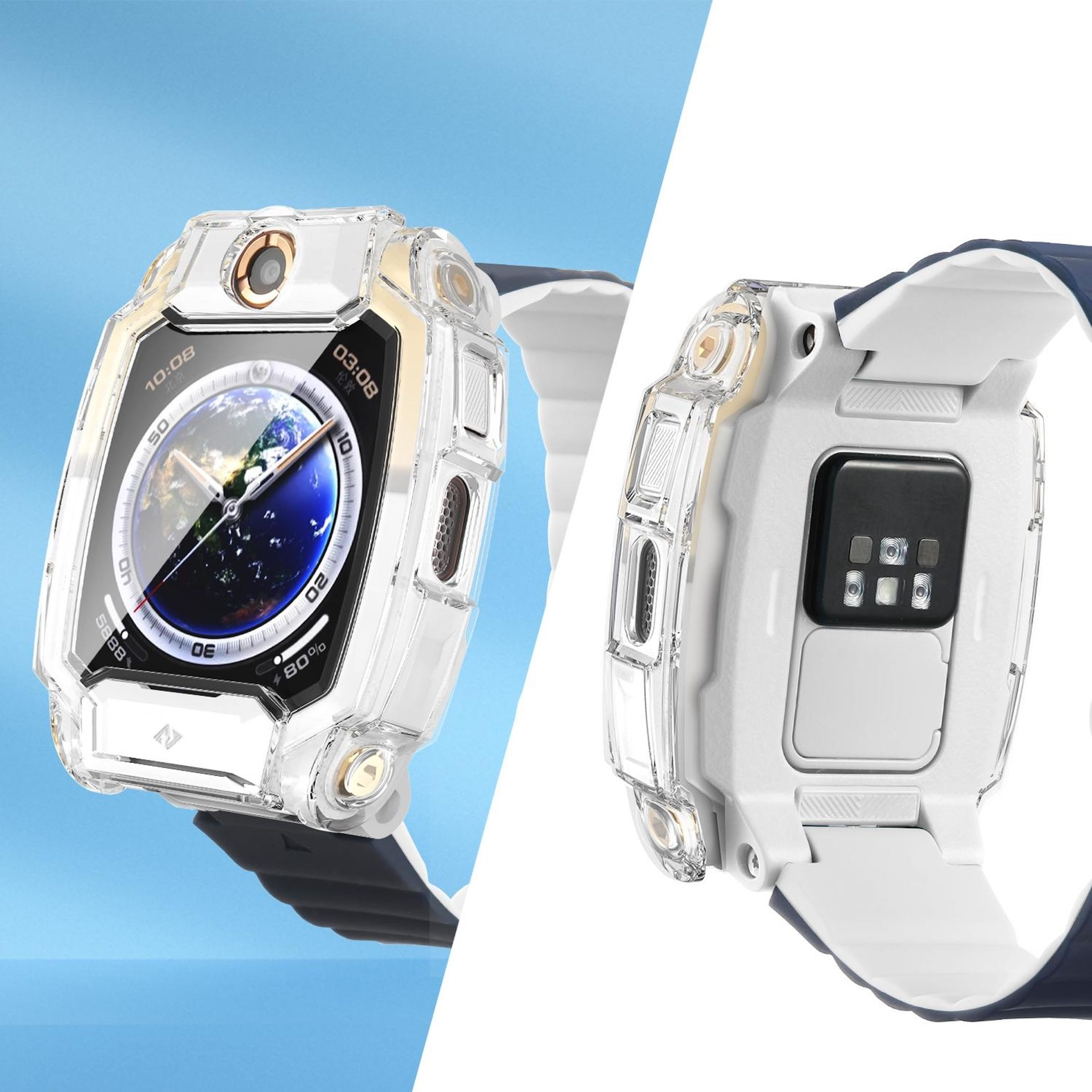 Uno smartwatch in una custodia trasparente con cinturino blu e bianco, che mostra la Terra sullo schermo.