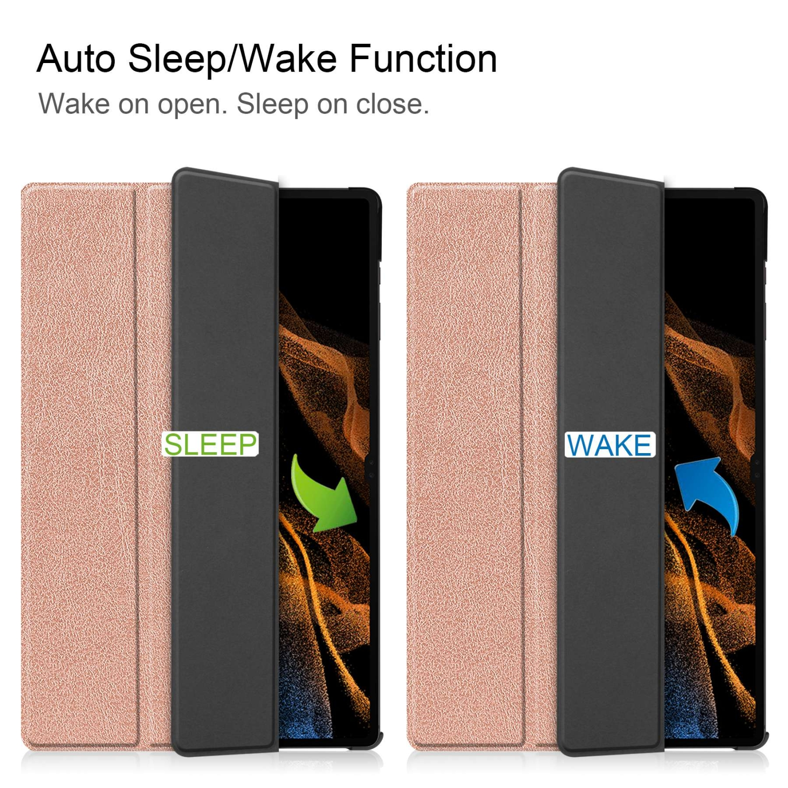 Diagramm zeigt die Auto-Sleep-Wake-Funktion einer roségoldenen Tablet-Hülle mit Schließ- und Öffnungspfeilen.