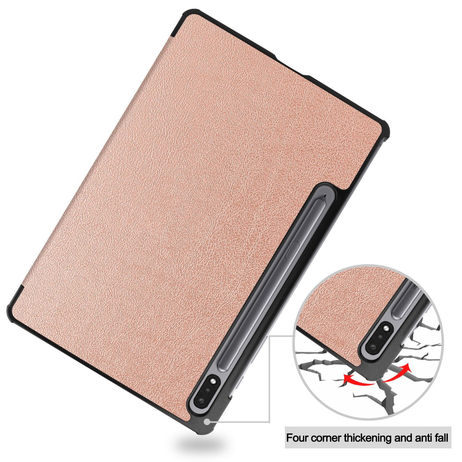 Eine roségoldene Tablet-Hülle mit Stifthalter und verstärkten Ecken zum Schutz.