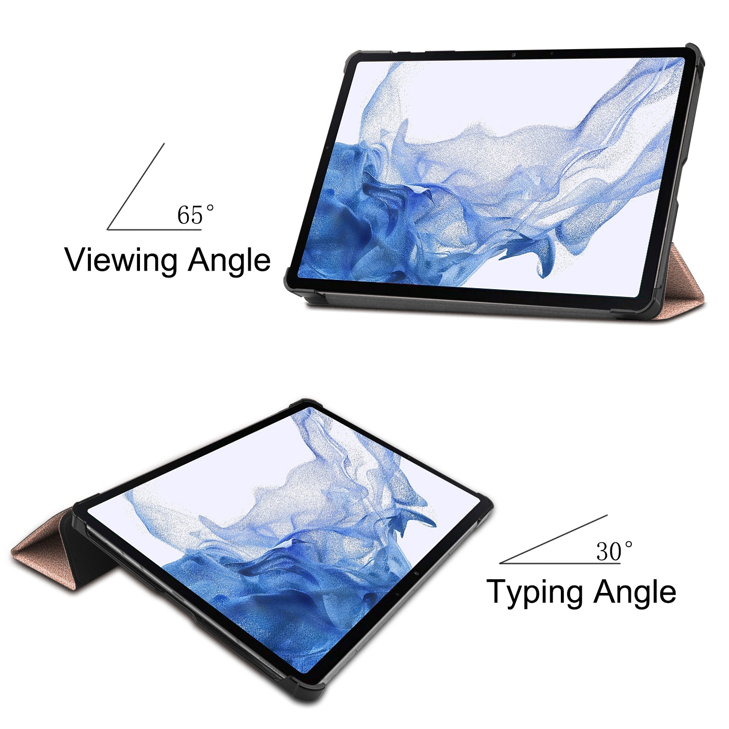 Tablet in einem roségoldenen Ständer, gezeigt in 65-Grad-Ansicht und 30-Grad-Tippwinkel auf weißem Hintergrund.