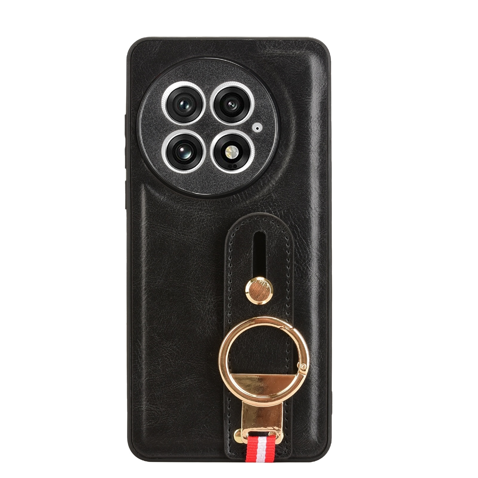 Funda de cuero negro con módulo de cámara circular y anillo dorado.