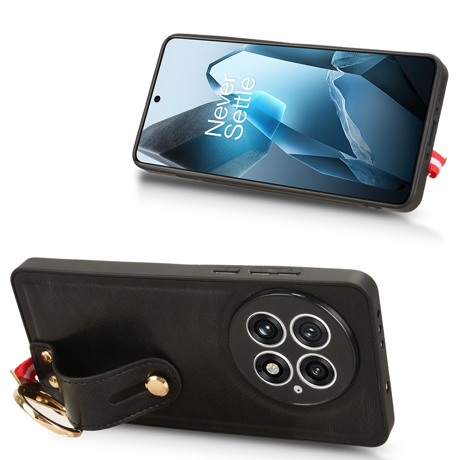 Un smartphone negro en funda de cuero con correa y anillo, mostrando pantalla y cámara.