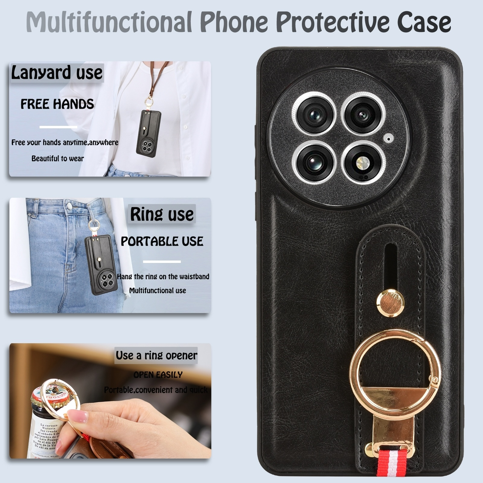 Funda de cuero negro para móvil con soporte de anillo, cordón y abridor de botellas, mostrada en varios usos.