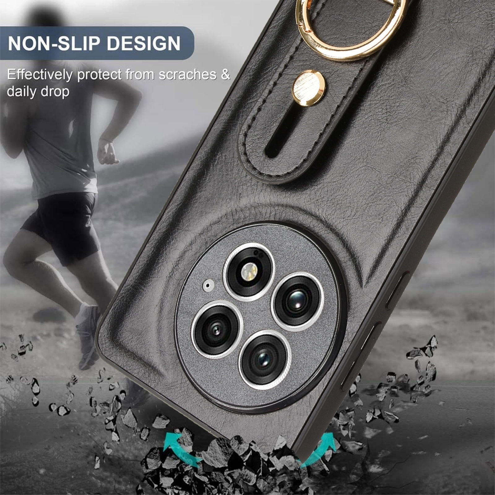 Funda de cuero negro para móvil con módulo de cámara circular, soporte de anillo dorado y un corredor de fondo.
