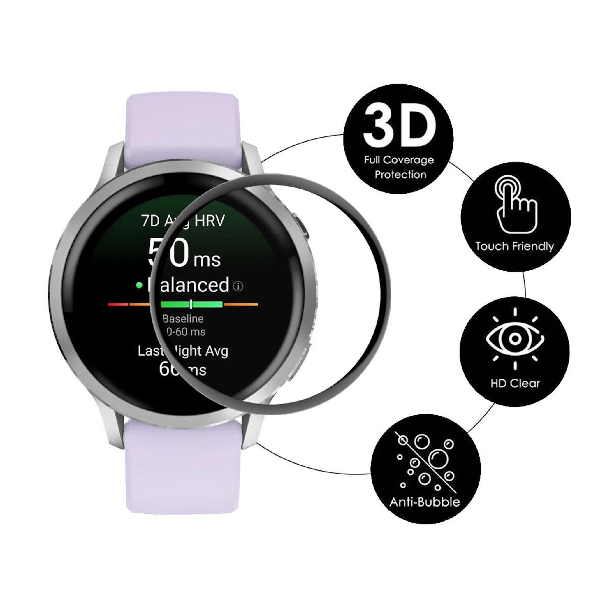 Eine Smartwatch mit Schutzglas und vier Symbolen für 3D-Schutz, Touch, HD-Klarheit und Blasenfreiheit.