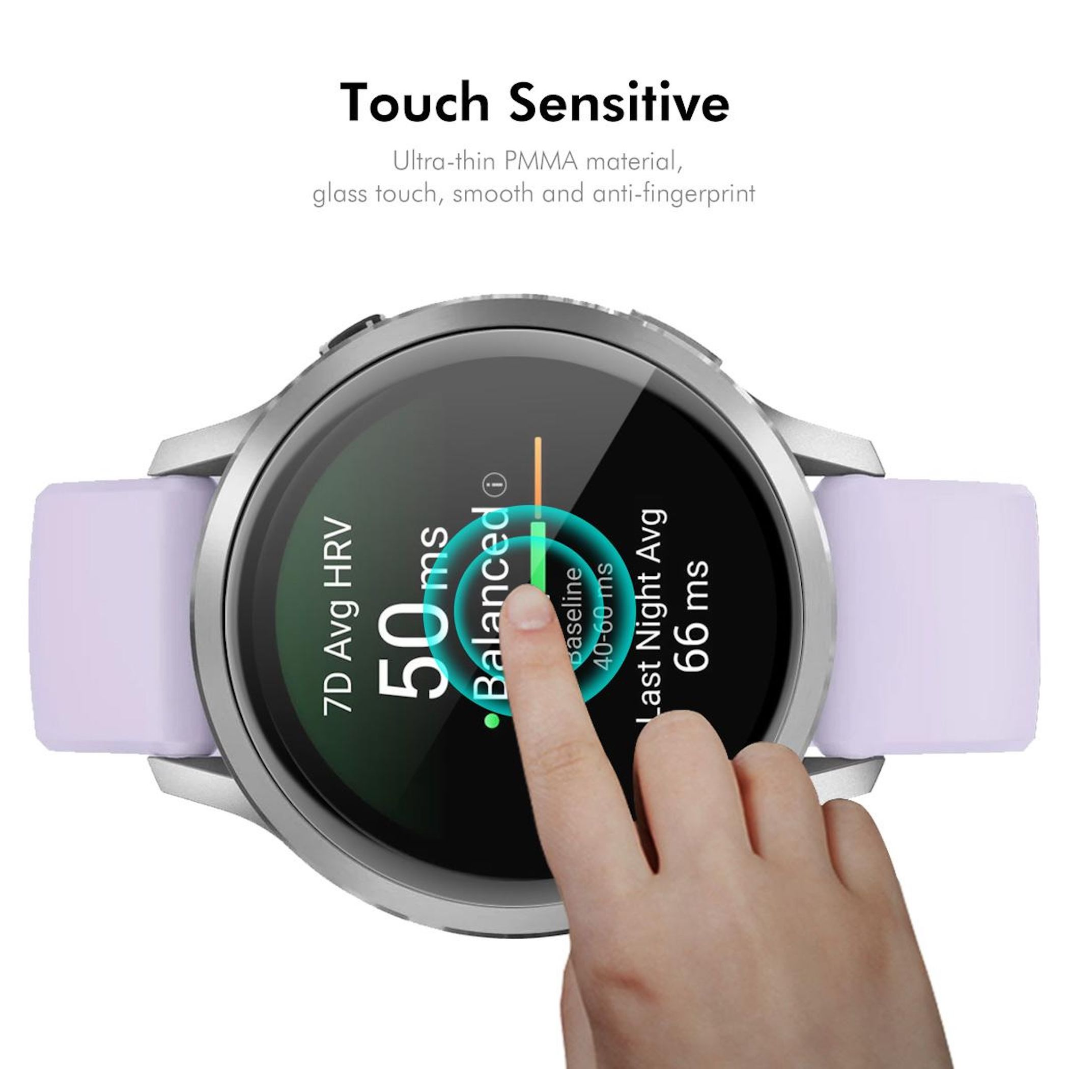 Ein Finger tippt auf das Touchscreen-Display einer silbernen Smartwatch mit violettem Armband.