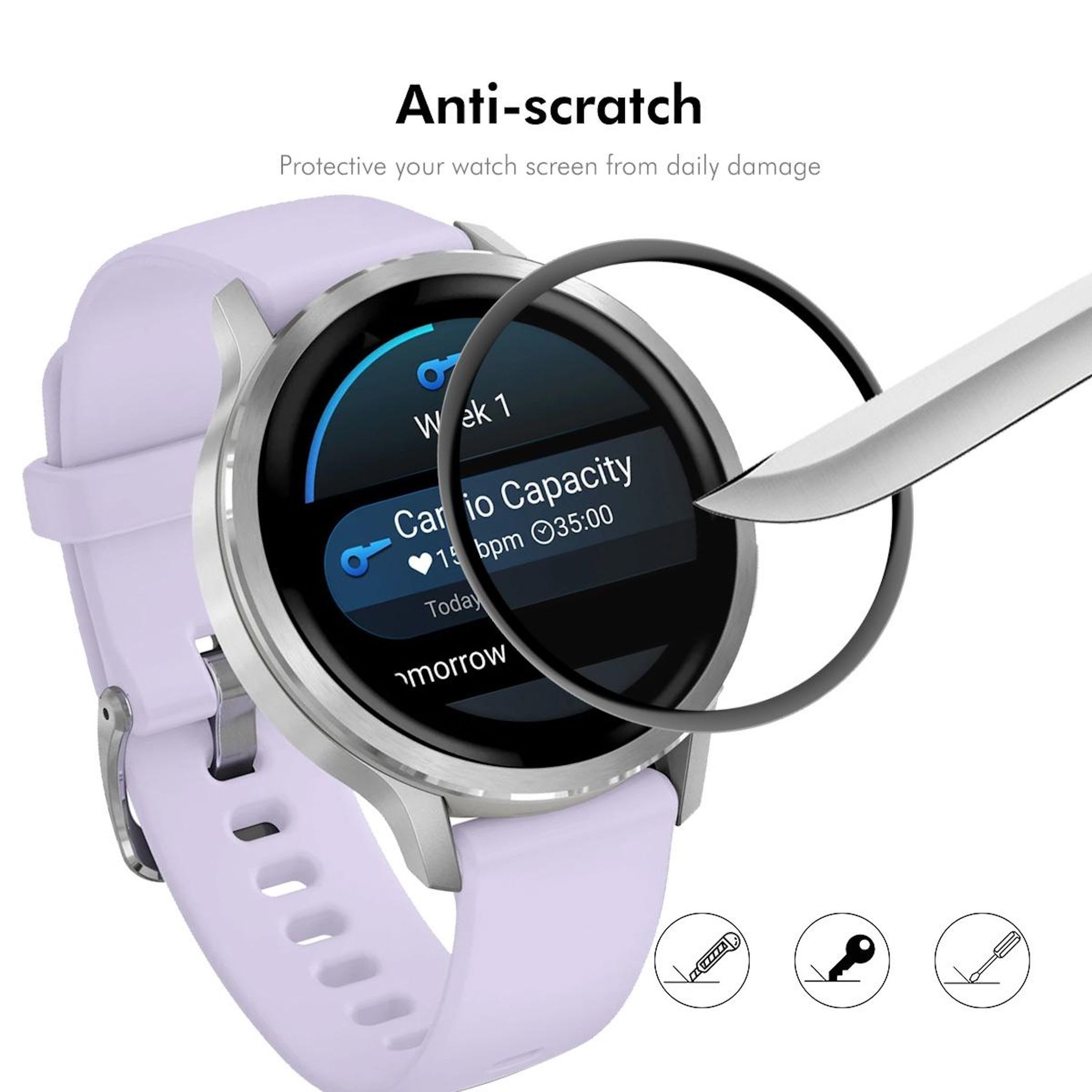 Eine lila Smartwatch zeigt einen Anti-Kratzer-Displayschutz mit einem Messer.