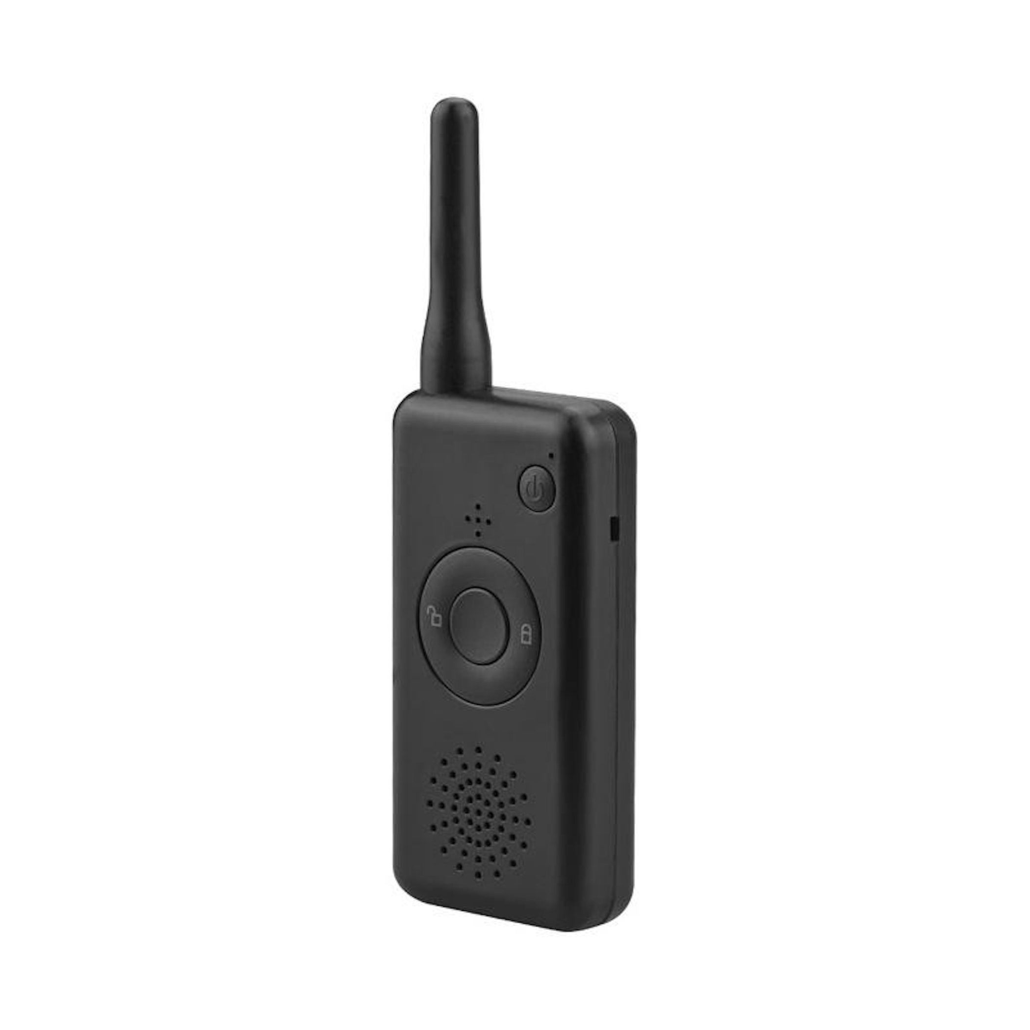 Un walkie-talkie wireless nero con antenna, pulsanti di controllo circolari e griglia dell'altoparlante.