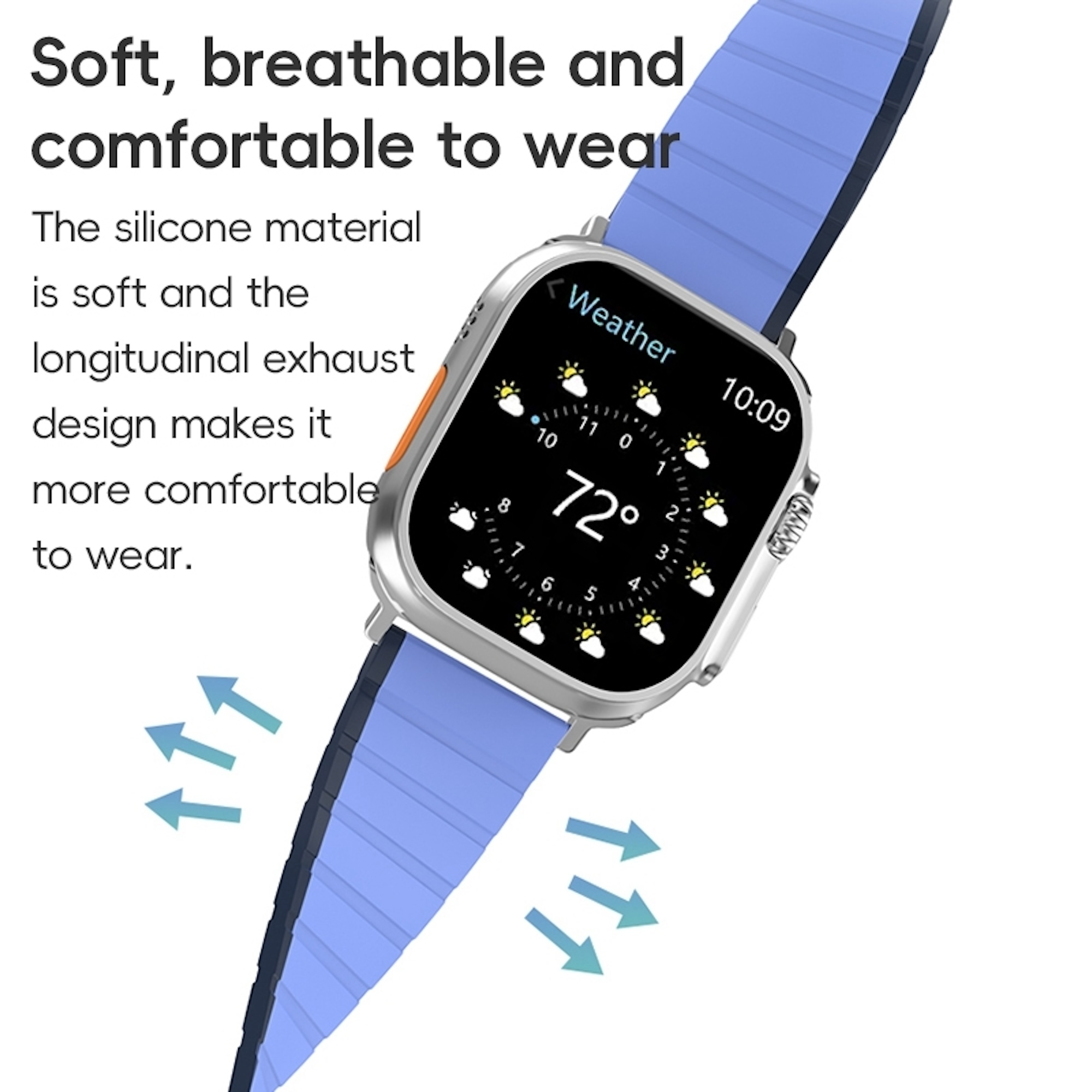 Smartwatch mit blauem Silikonarmband und Wetteranzeige, Text beschreibt den Tragekomfort.