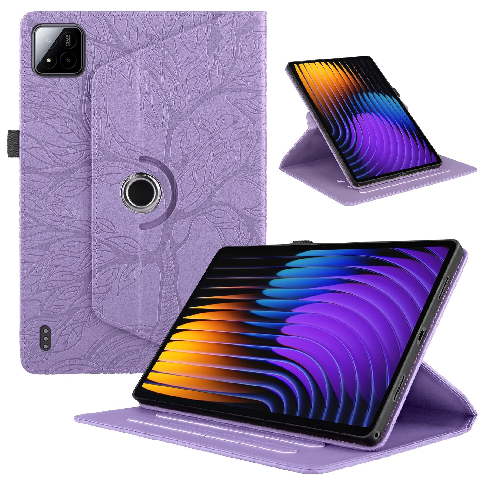 Lila Tablet-Hülle mit Baum-Prägung und Ringständer, geschlossen und als Aufsteller gezeigt.