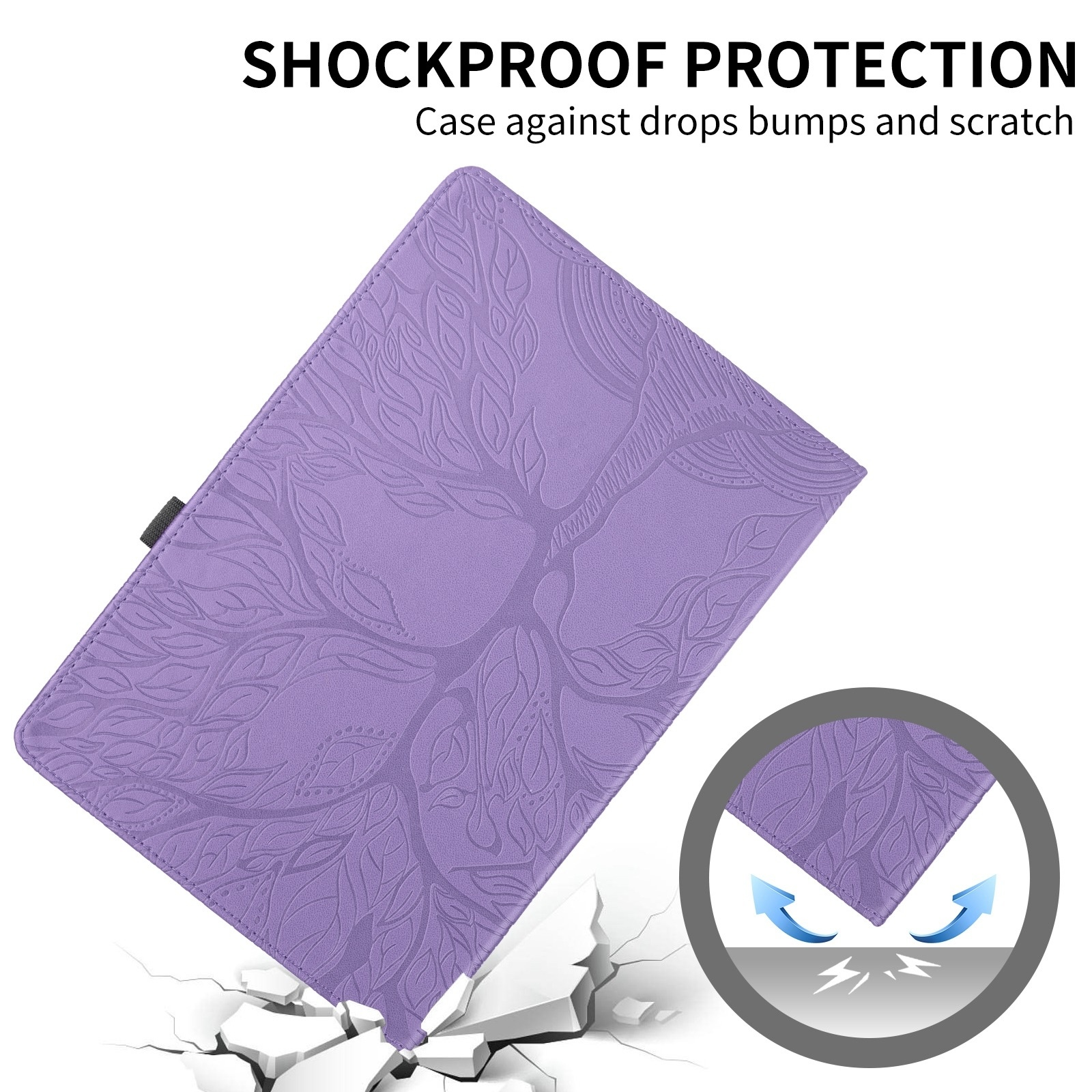 Funda de tableta morada con patrón de árbol en relieve sobre suelo blanco agrietado.