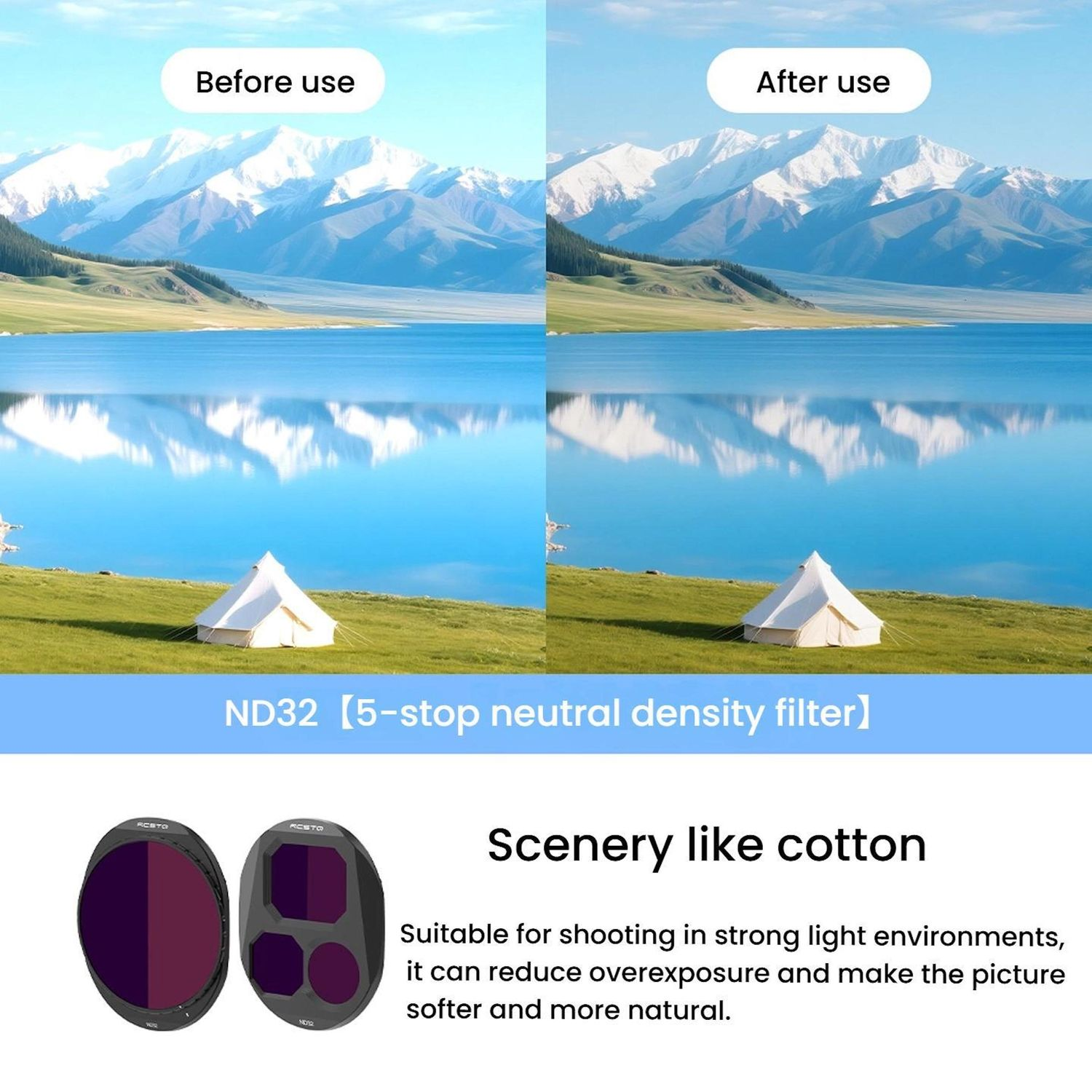 Vergleich einer Berglandschaft vor und nach der Verwendung eines ND32-Graufilters mit reduzierter Blendung.